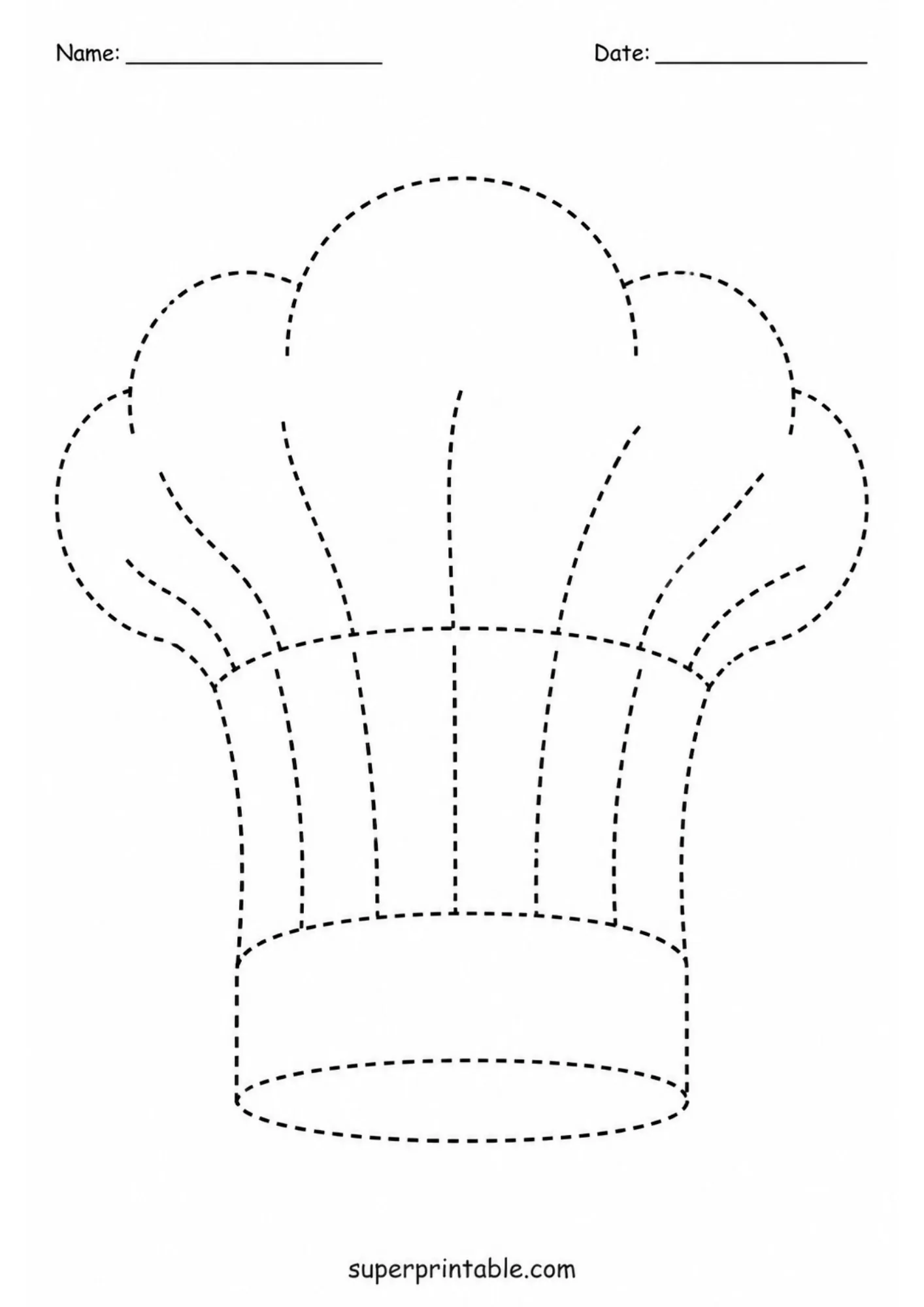 Printable activity sheet featuring a dashed line outline of a puffy chef hat.