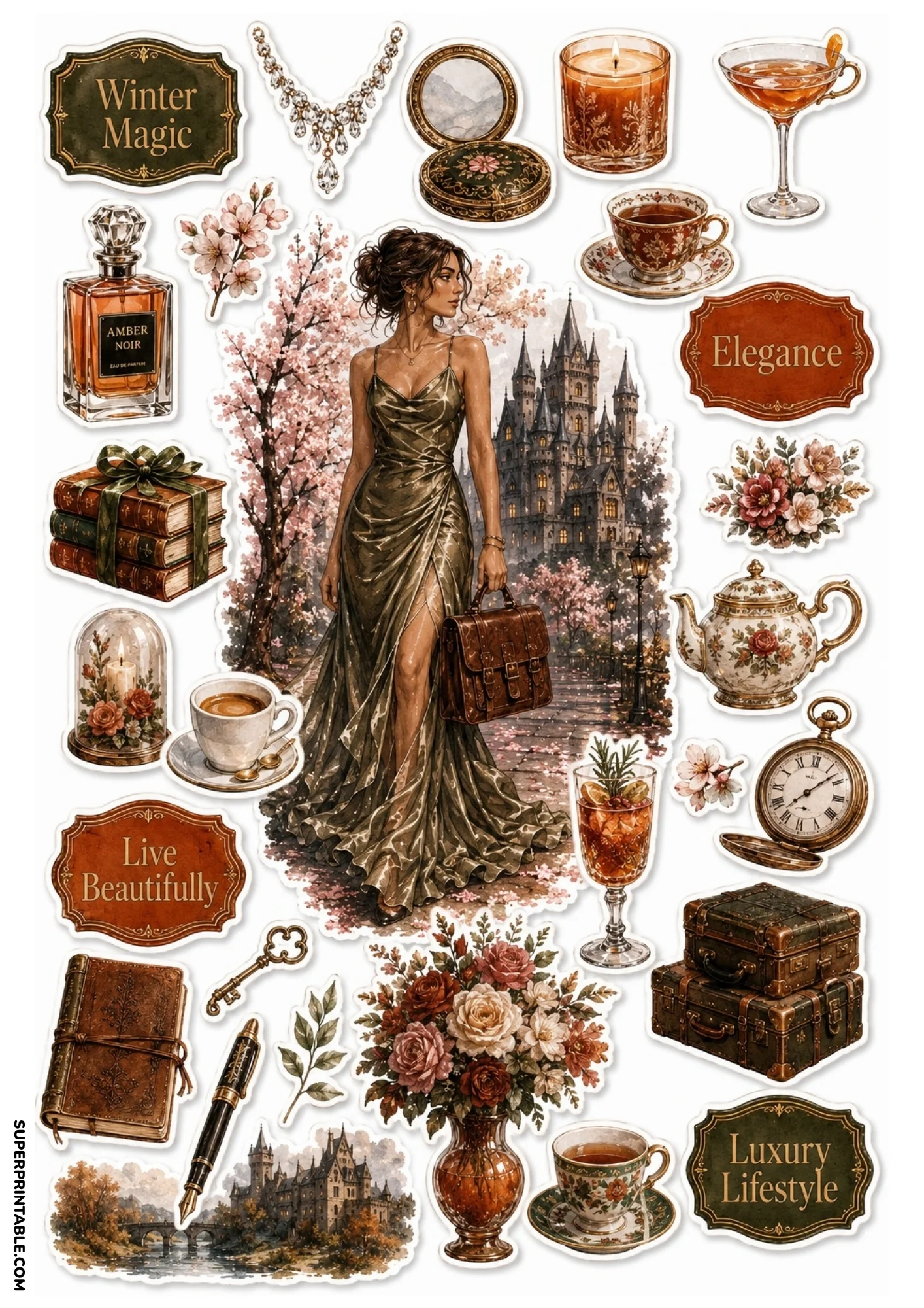 Printable sticker collage featuring a woman in a long olive gown before a gothic castle with pink blossoms, surrounded by teapots, leather trunks, and stacked books.