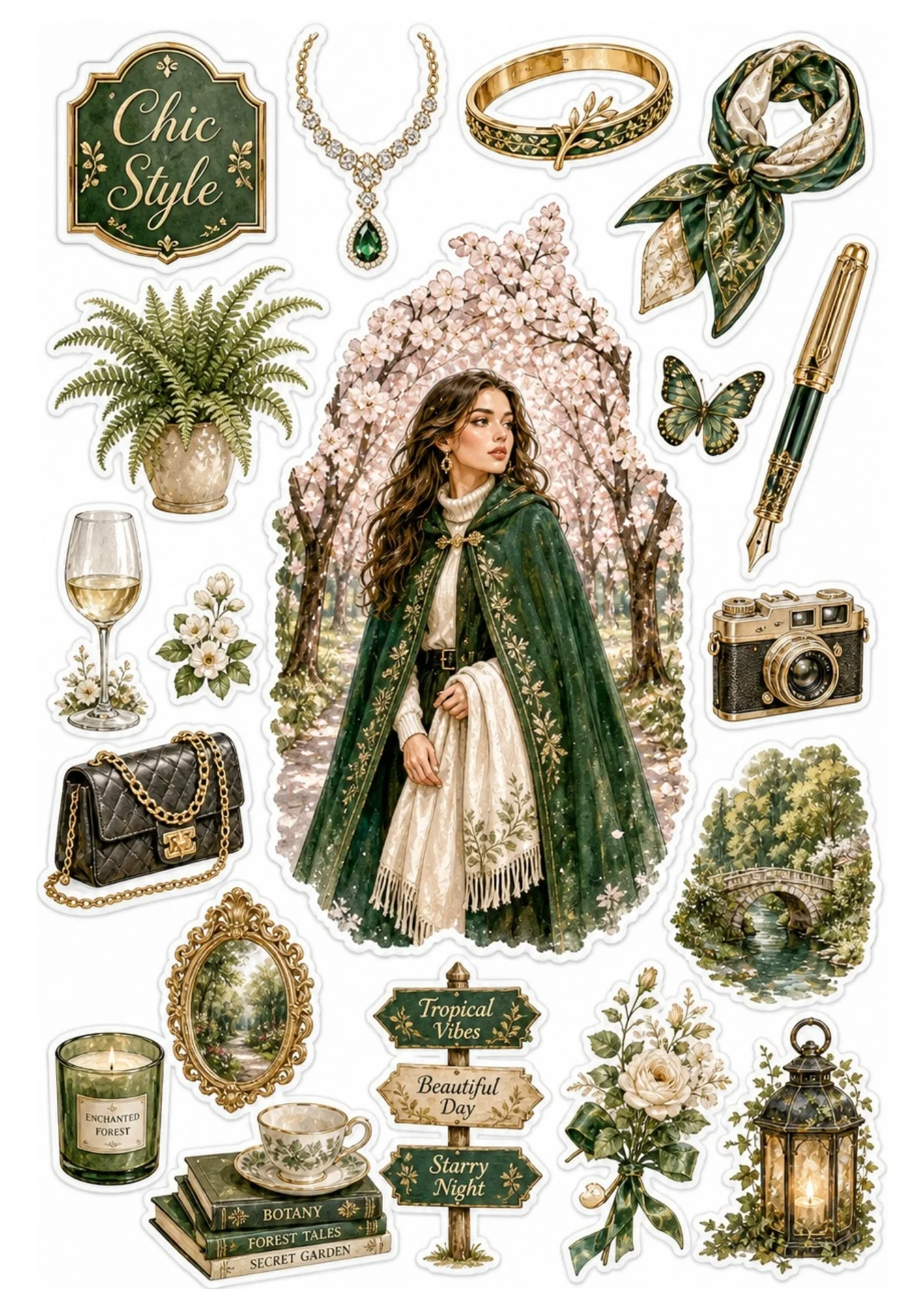 Sticker sheet illustration of a woman in a green cape under blossoms.
