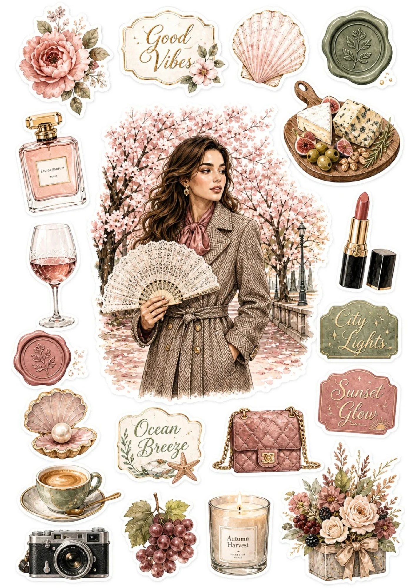 An aesthetic printable sticker sheet with a woman holding a lace fan under pink blossom trees, featuring rosé wine, pearls, charcuterie boards, and coffee cups.