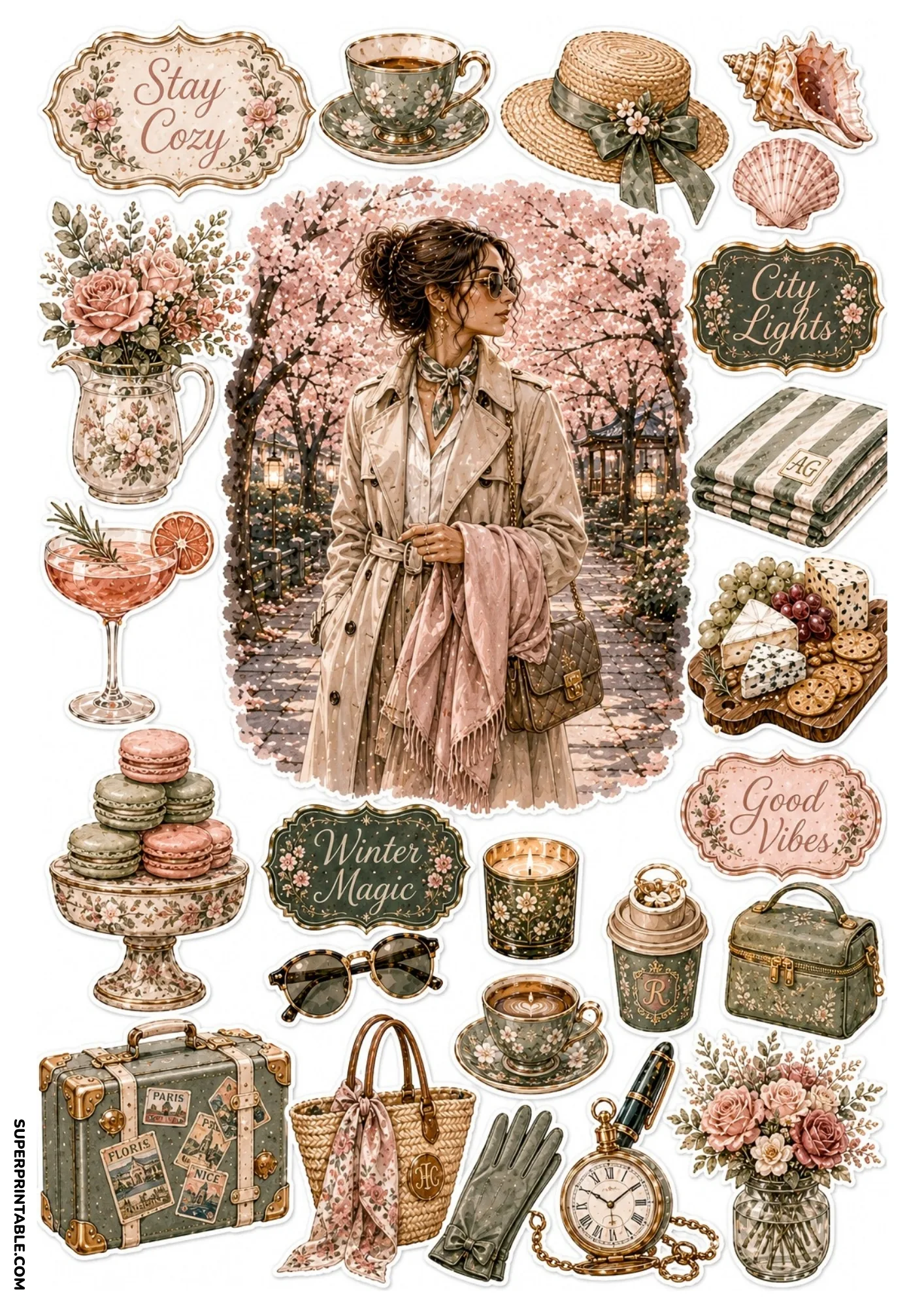 Printable sticker sheet illustrating a woman under pink spring cherry blossoms with tea and travel stickers.