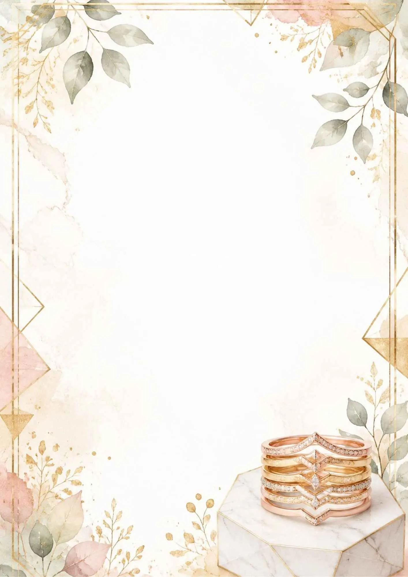 A watercolor writing page featuring a stack of chevron diamond rings on a hexagonal marble stand, with eucalyptus leaves.