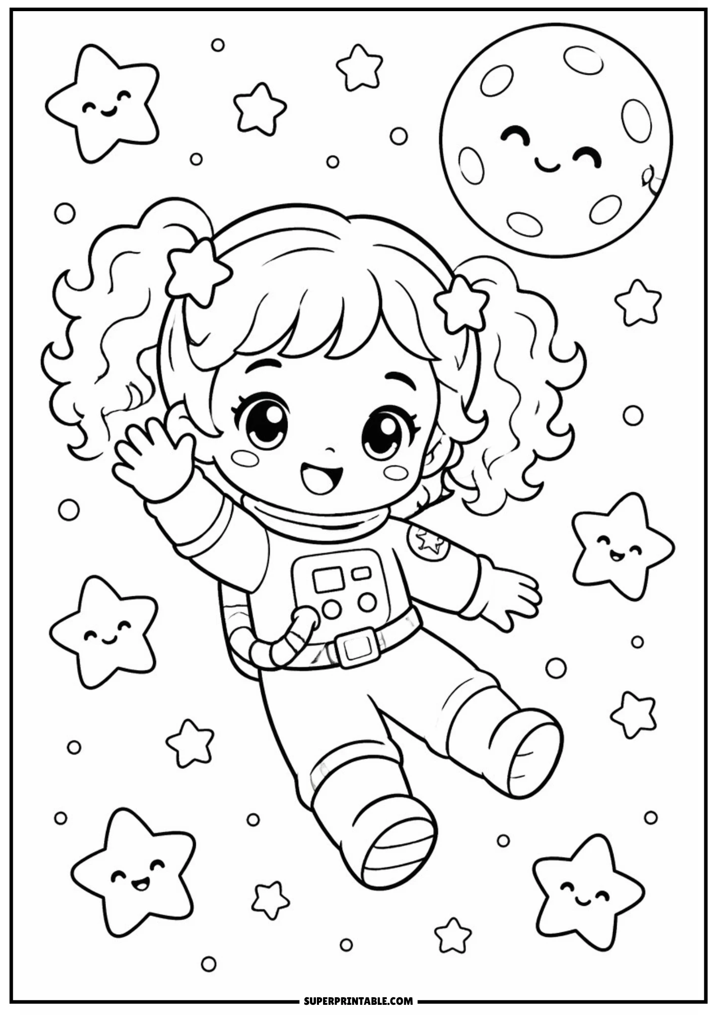 A curly-haired chibi girl in an astronaut spacesuit waving her hand while floating in outer space surrounded by smiling stars and a happy moon.