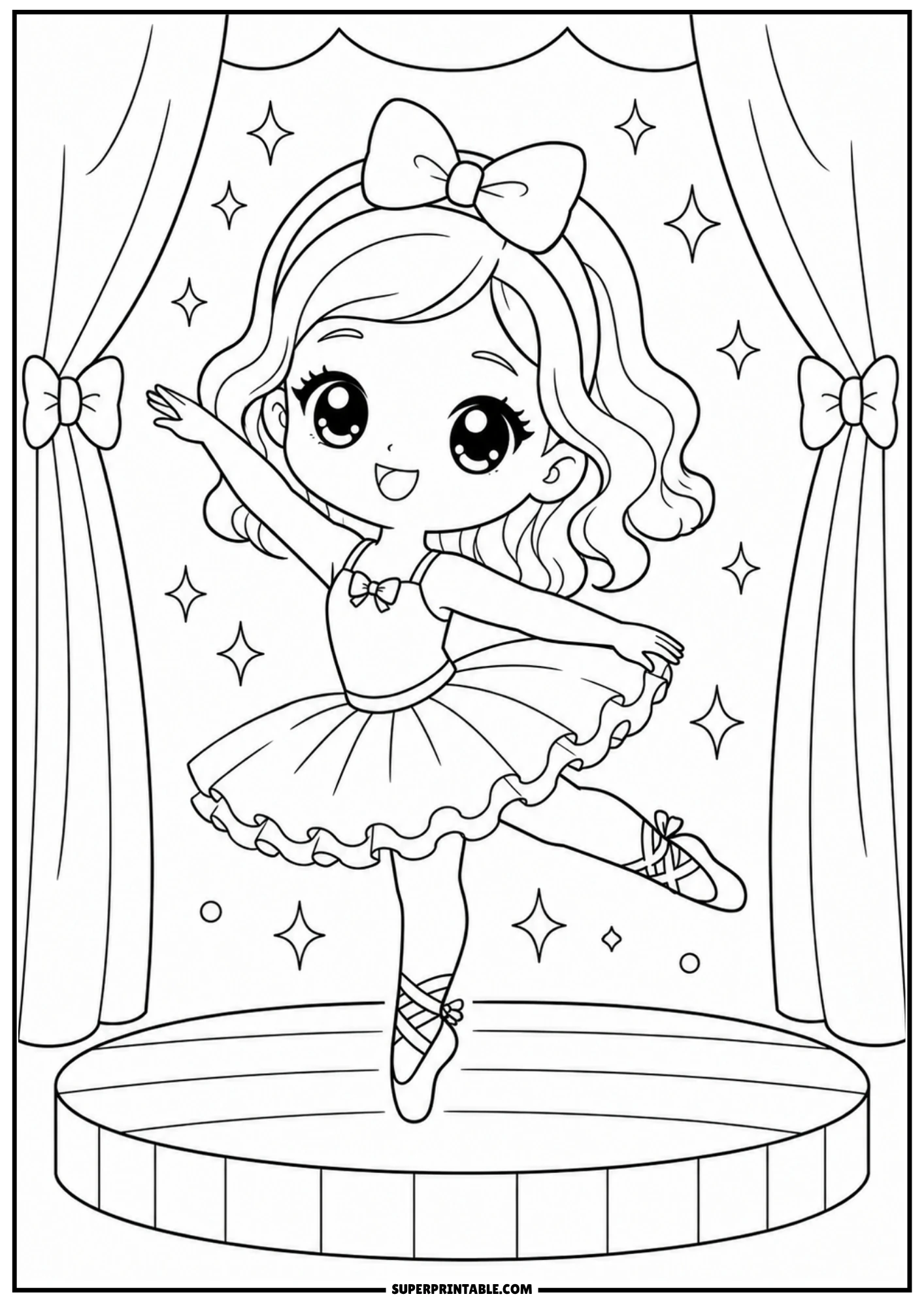 A chibi girl ballerina with wavy hair and a big bow headband, dancing on one toe on a stage with curtains and sparkling stars in the background.