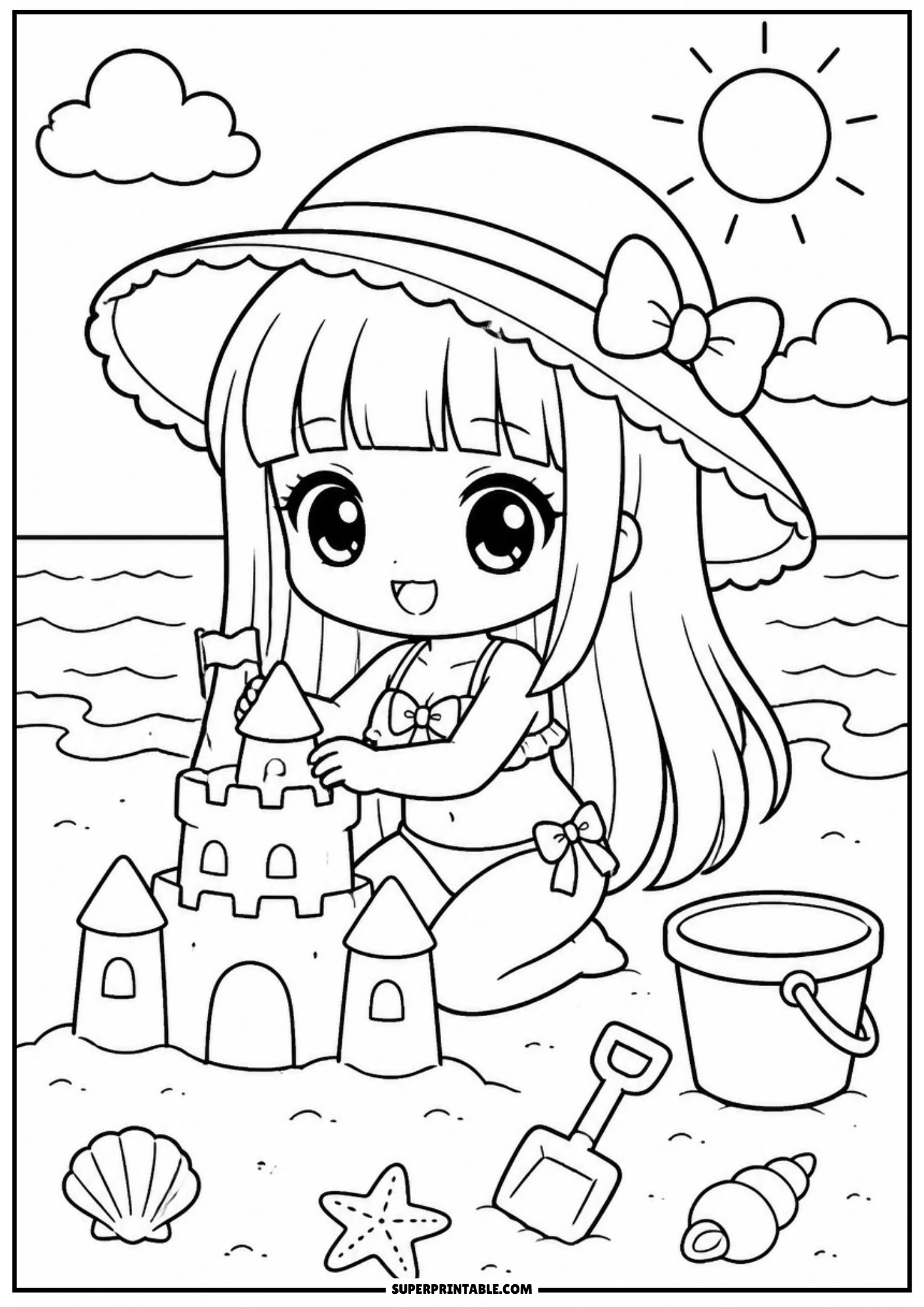 A chibi girl wearing a large sun hat and bikini swimsuit, building a detailed sandcastle on the beach with a bucket, shovel, shells, and starfish nearby.