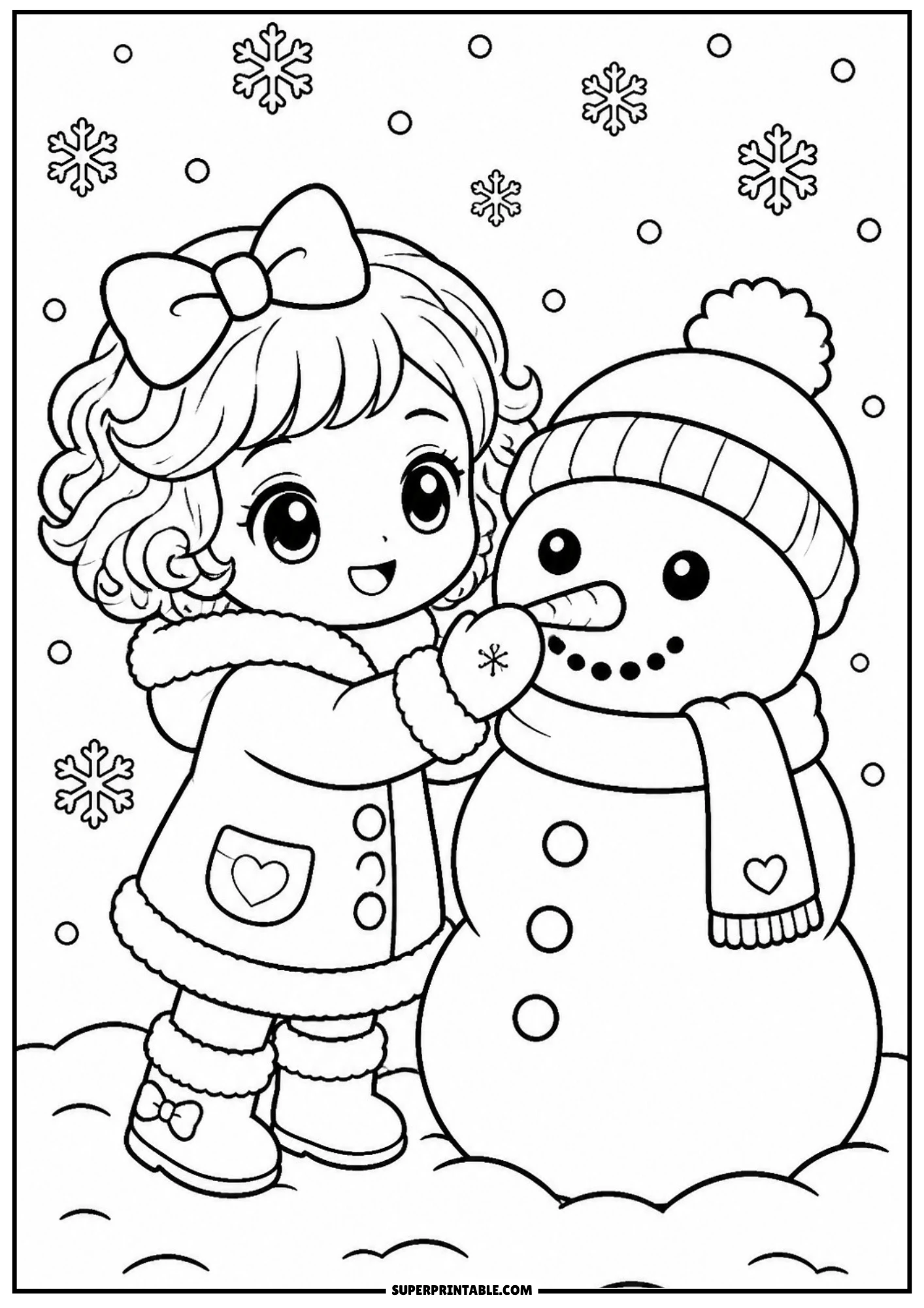 A chibi girl in a winter coat with a heart pocket, putting a carrot nose on a snowman wearing a hat and scarf, with snowflakes falling.