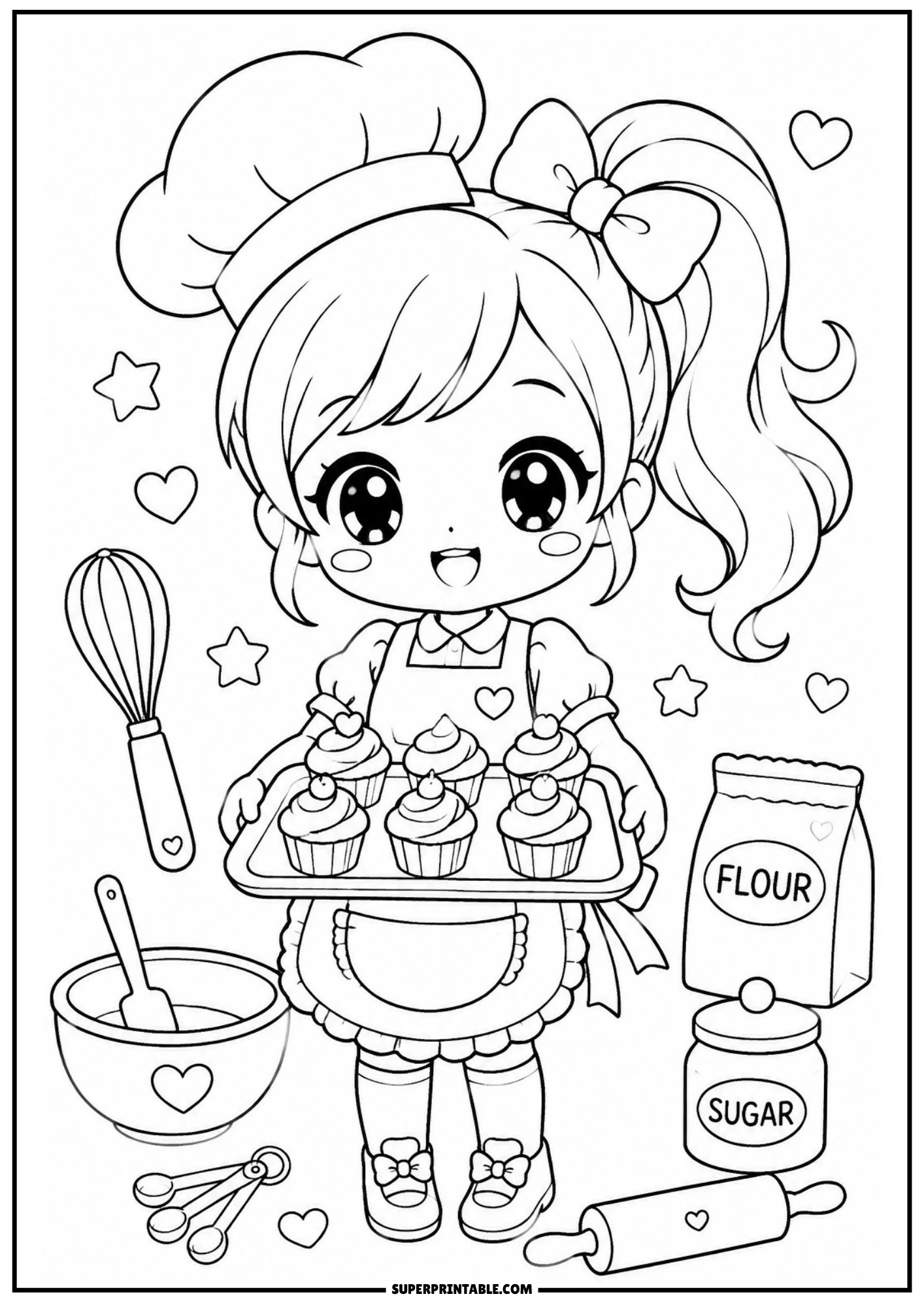 A chibi girl chef wearing a baker hat and apron holding a tray of cupcakes with baking ingredients like flour, sugar, and a mixing bowl nearby.
