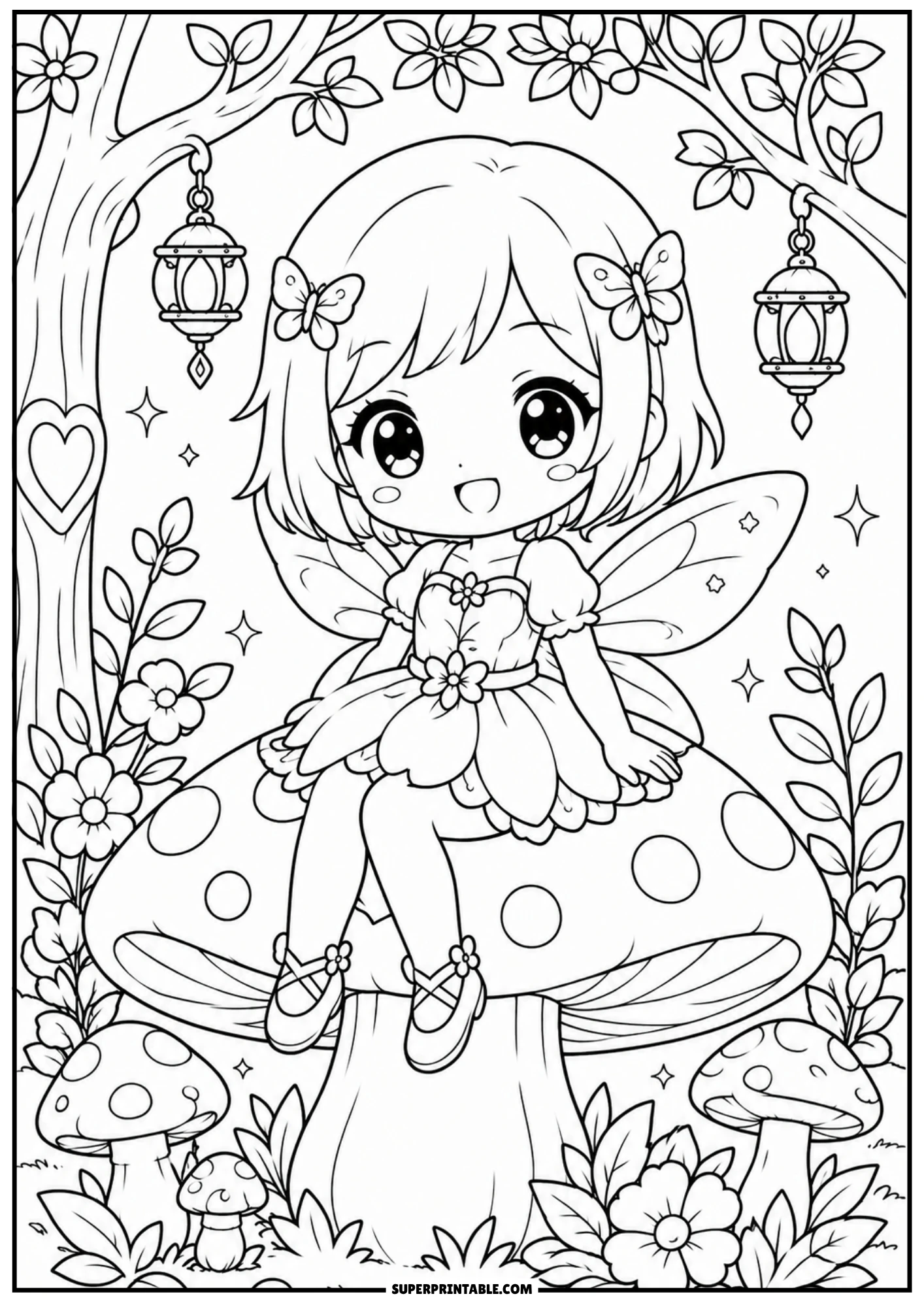 A chibi fairy girl with wings and butterfly hairpins sitting on a large polka-dot mushroom in an enchanted forest with lanterns hanging from trees.