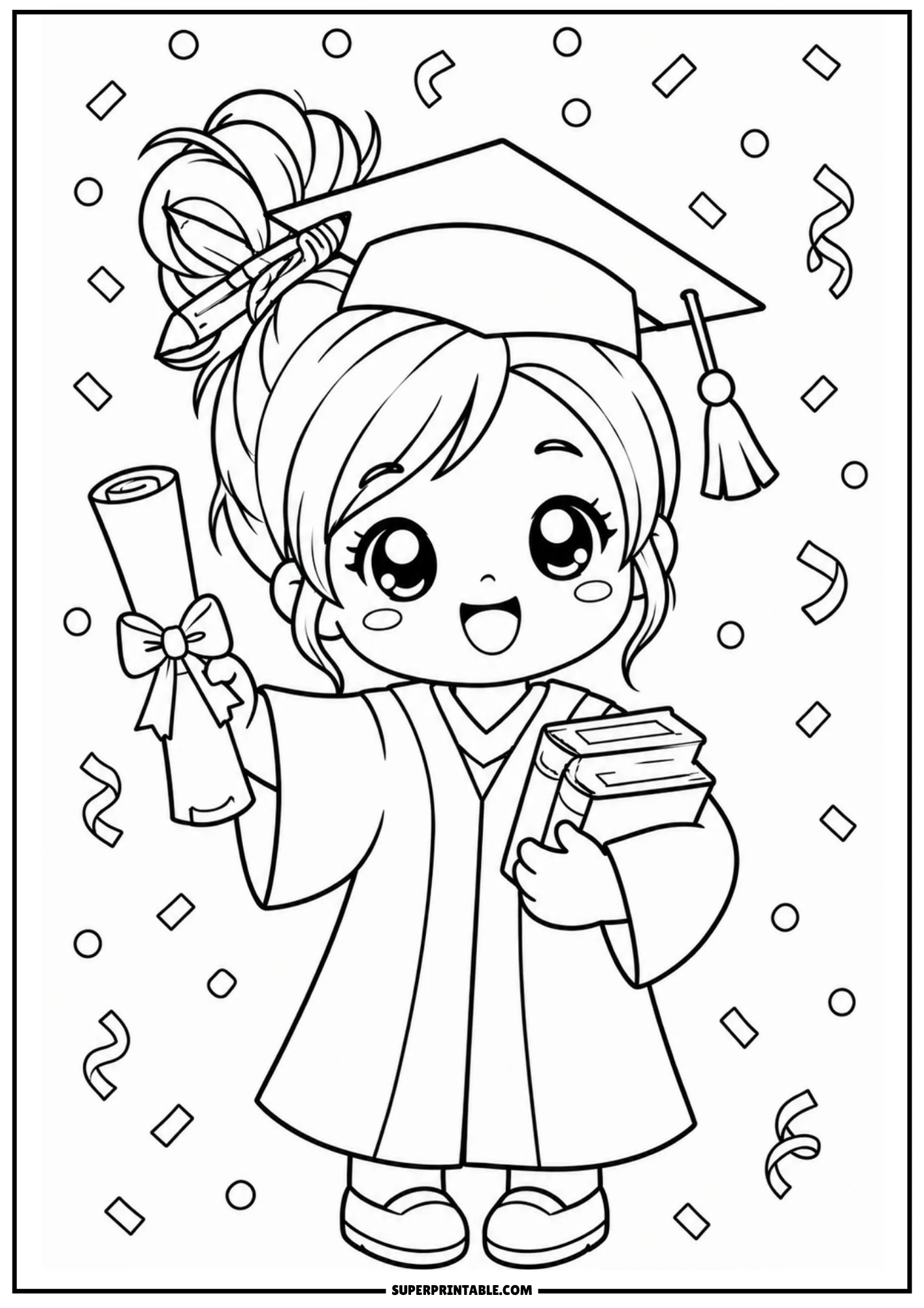A chibi girl graduate with a messy bun, wearing a graduation cap and gown, holding a diploma scroll and books, with confetti flying around.