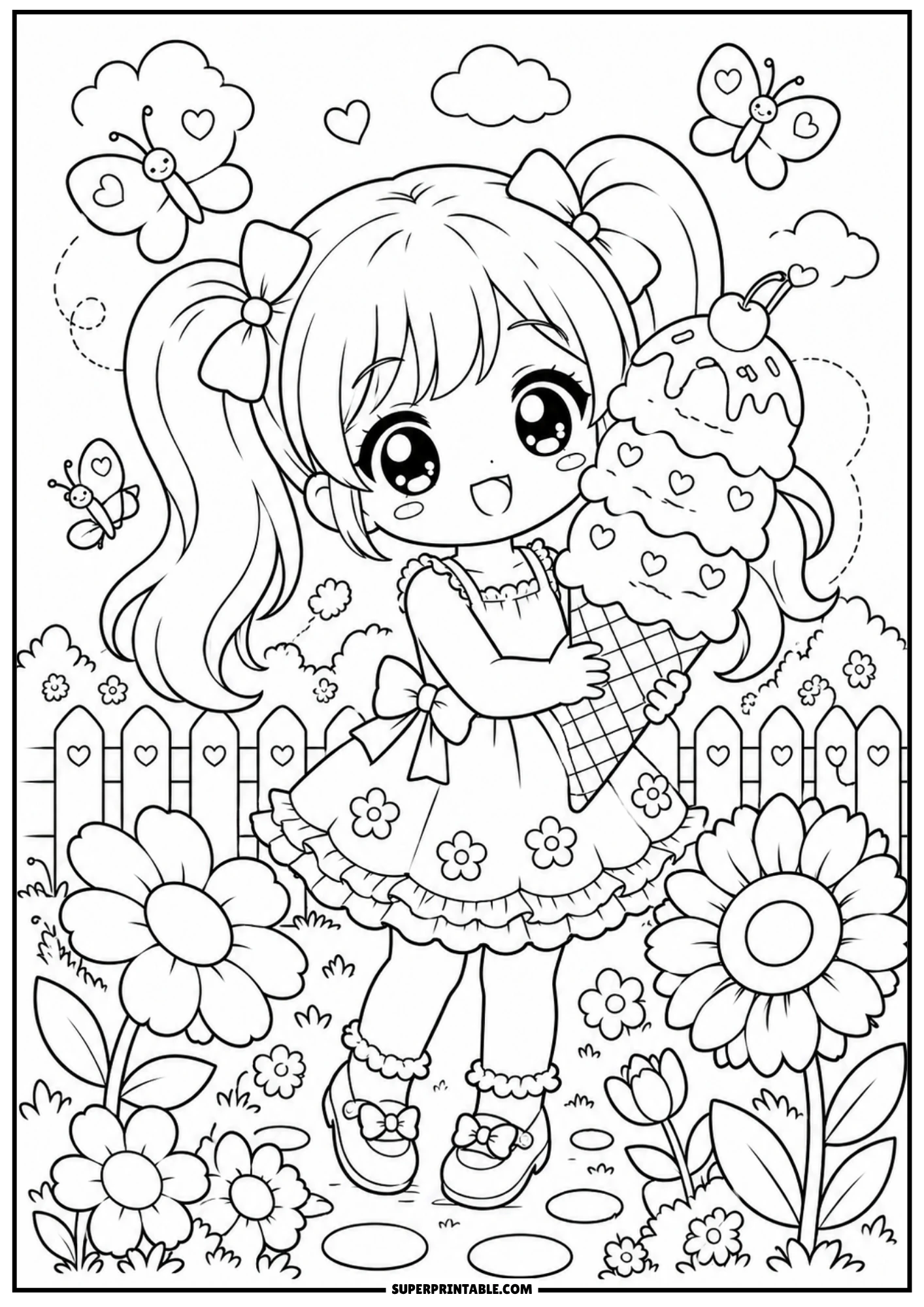 A chibi girl with pigtails holding a large, three-scoop ice cream cone with a cherry and hearts on top, standing in a flower garden with butterflies and a picket fence.