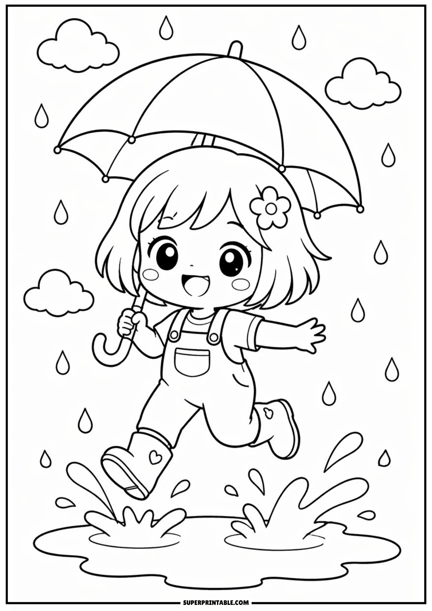 A cute chibi girl wearing overalls and boots, splashing in a puddle while holding an umbrella during a rain shower.