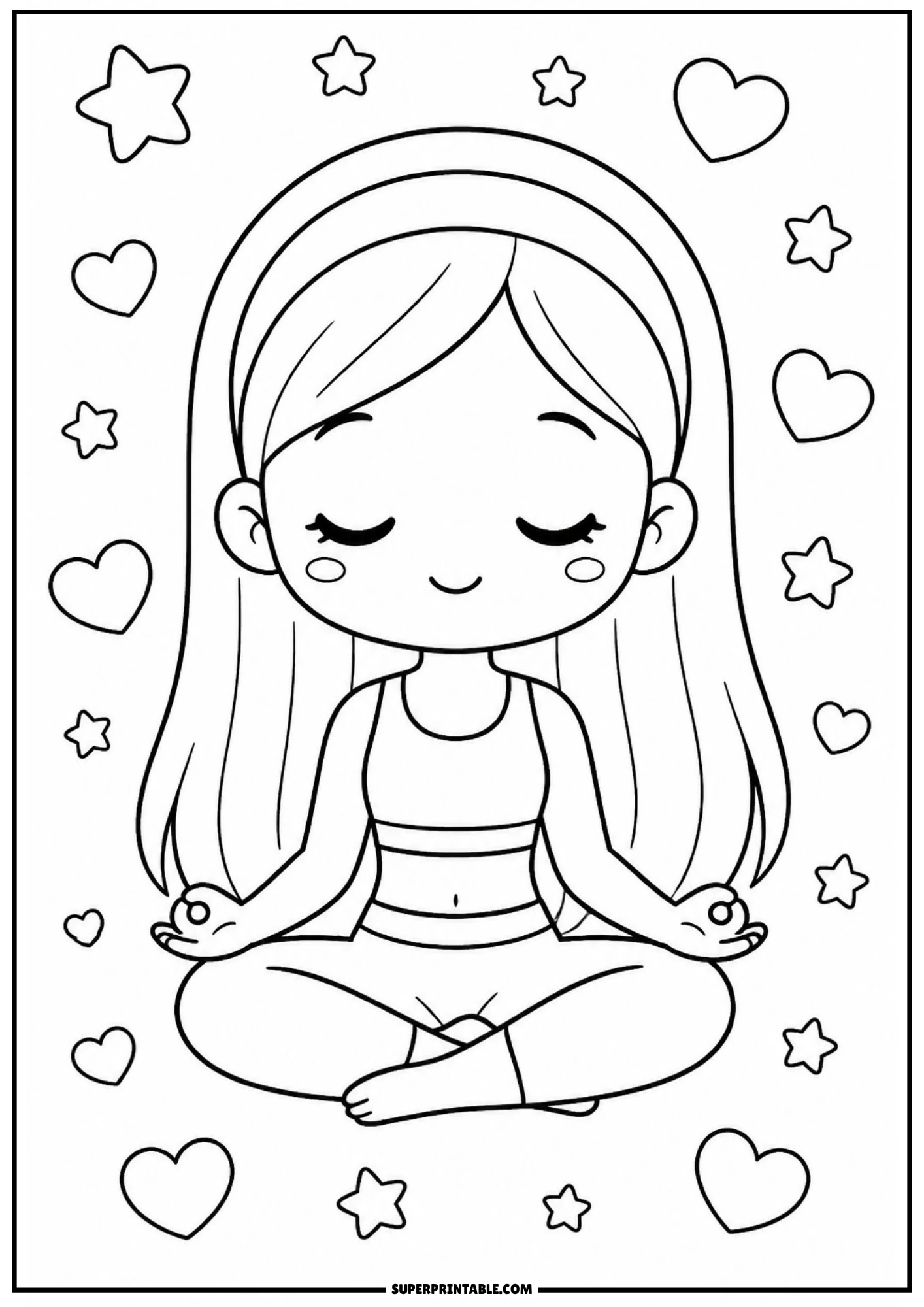 A chibi girl with closed eyes and straight hair, sitting cross-legged in a yoga lotus pose, surrounded by hearts and stars.