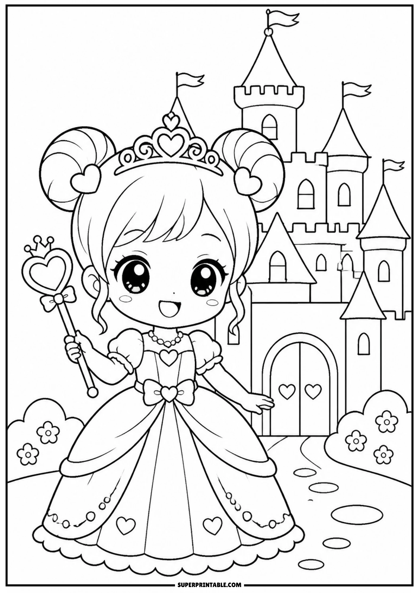 A chibi princess girl with hair buns wearing a tiara and gown, holding a wand in front of a large fairytale castle with flags.
