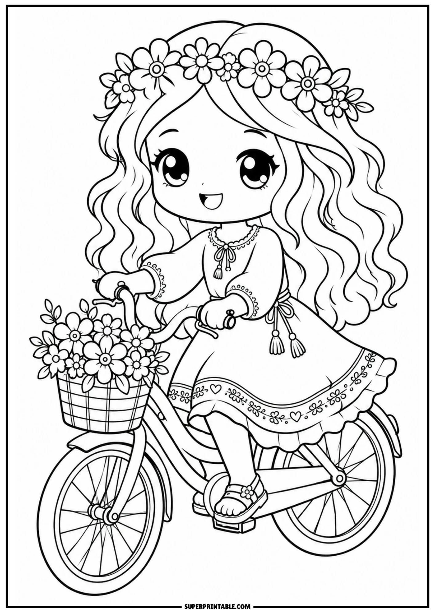 A chibi girl with long wavy hair and a flower crown, riding a bicycle with a basket full of flowers on the front.