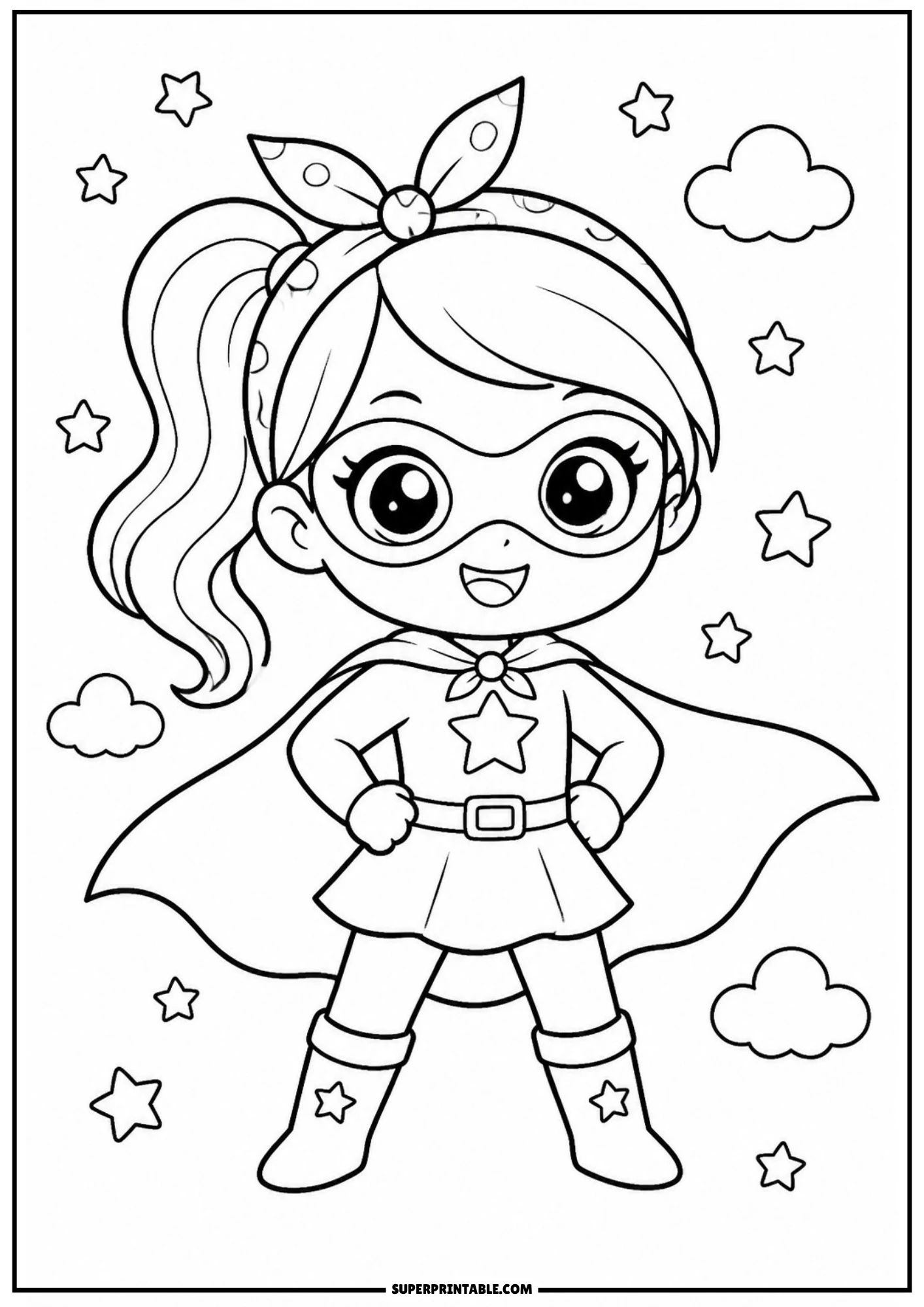 A chibi girl dressed as a superhero with a cape, mask, and a star emblem on her chest, standing in a heroic pose surrounded by stars and clouds.