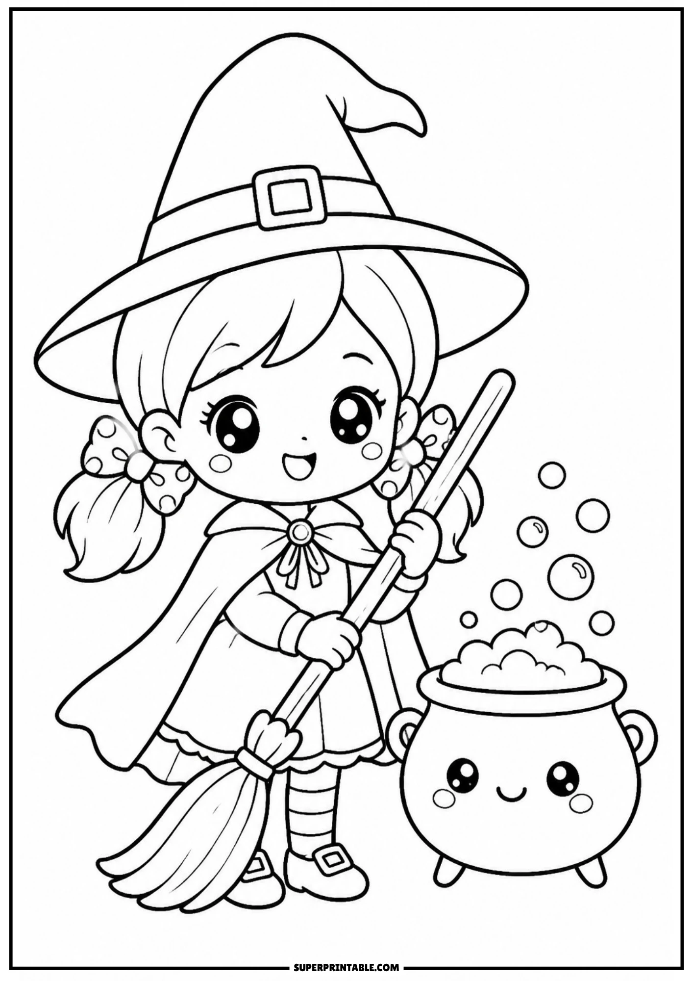 A chibi girl witch wearing a pointed hat and cape, holding a broomstick next to a smiling, bubbling cauldron.