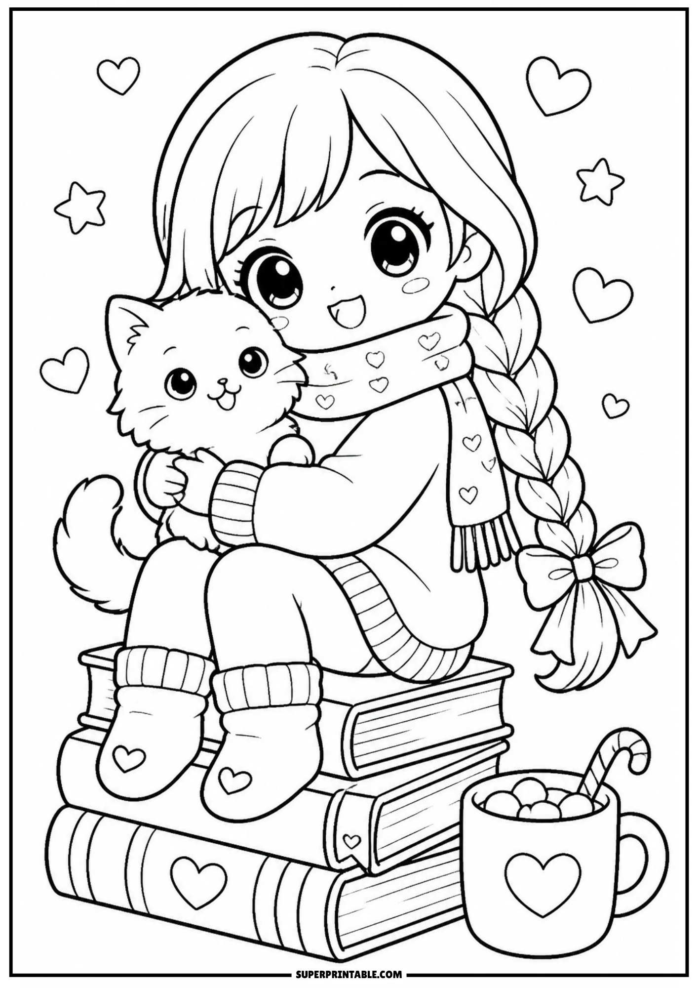 A chibi girl with a long braid sitting on a stack of books, hugging a cute fluffy kitten, with a mug of hot cocoa nearby.