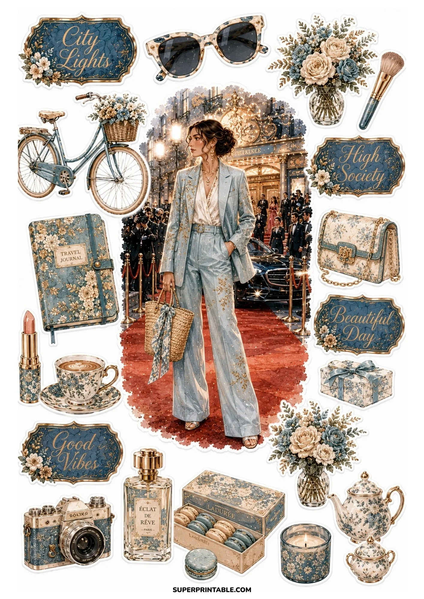 A printable sticker sheet showing a woman in a blue suit on a red carpet alongside a vintage blue bicycle, macaron box, camera, and teacup.