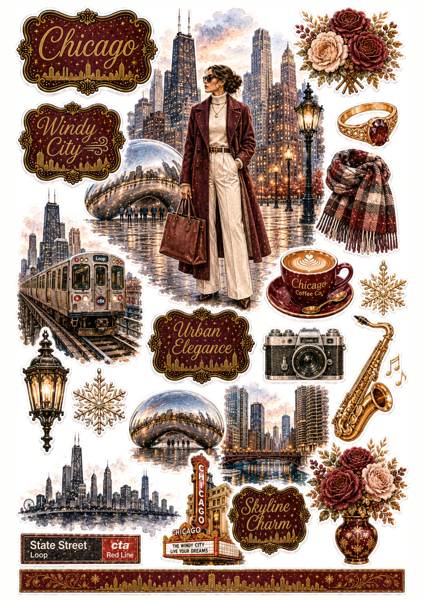 Chicago sticker collection showing a woman in a trench coat at Cloud Gate The Bean sculpture, elevated CTA train, and saxophone.