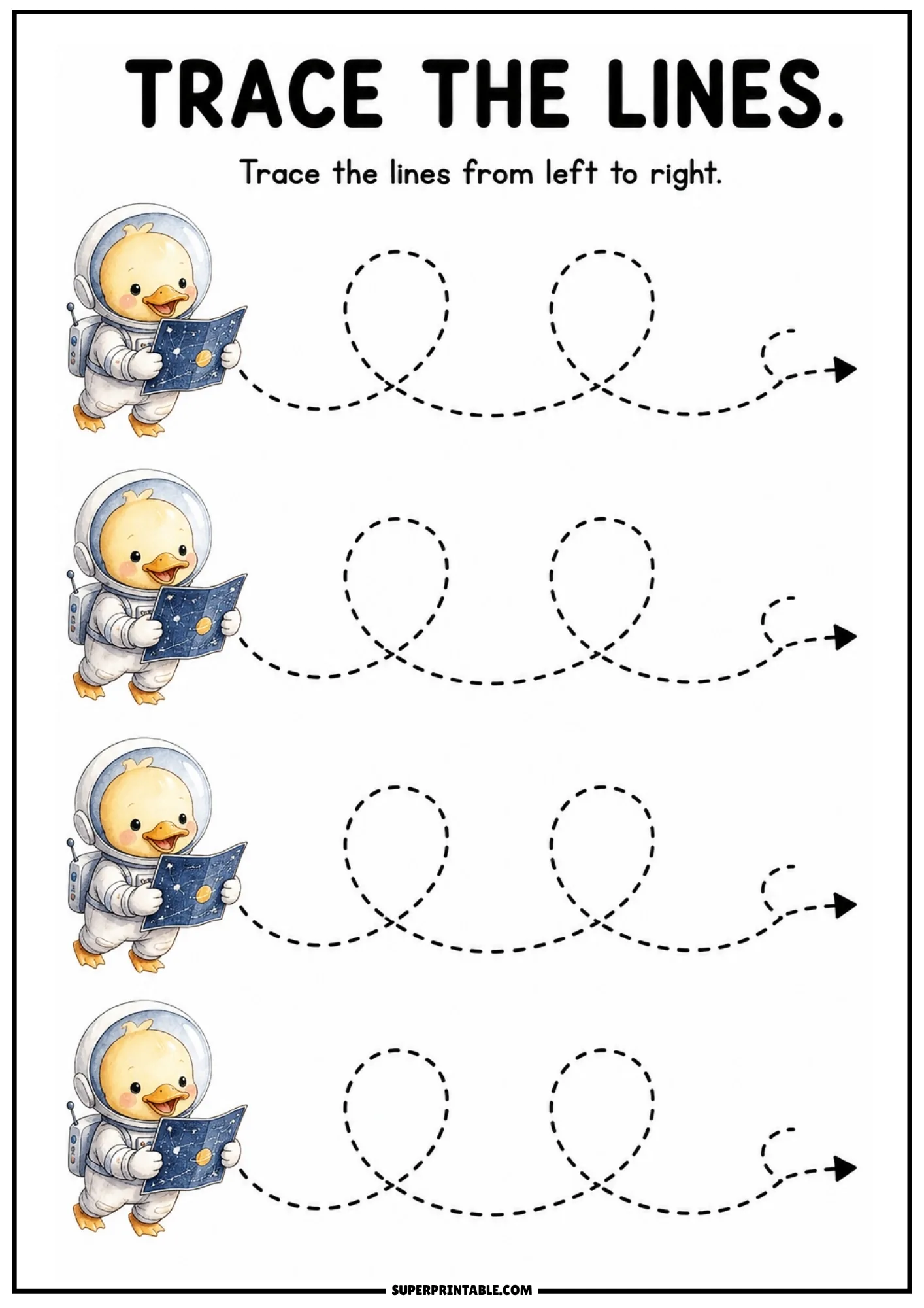 Tracing sheet featuring chick astronauts reading star maps next to looping dashed arrow paths.