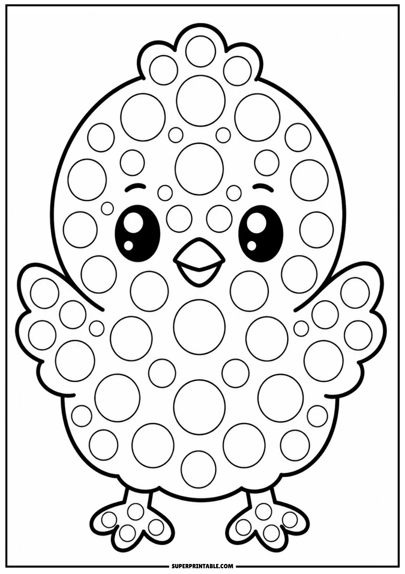 A cute cartoon baby chick standing with wings spread out, covered in circular dot markers.