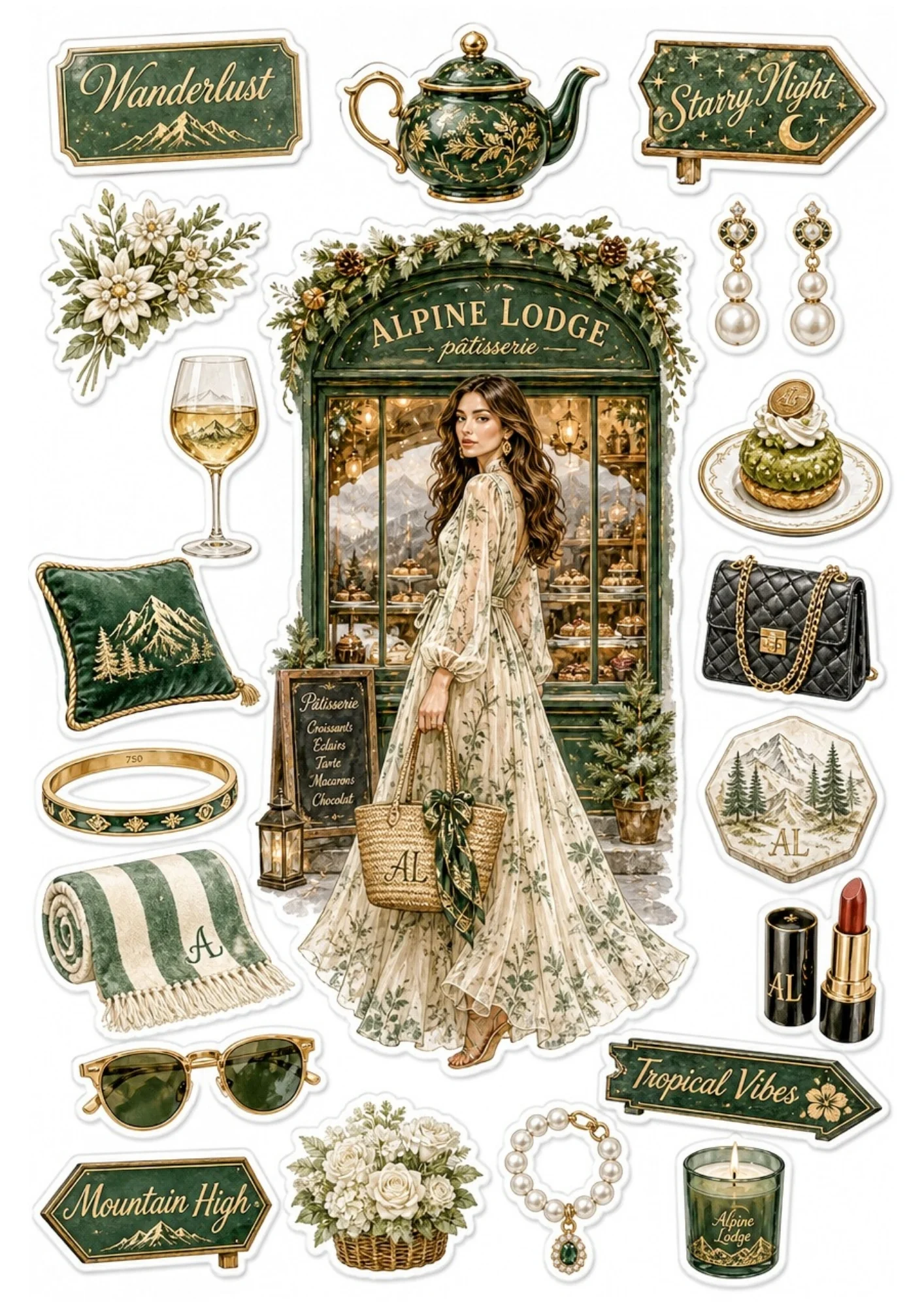 A dark green sticker sheet showcasing a woman in a chiffon dress outside a French patisserie, straw tote, and porcelain teapot.