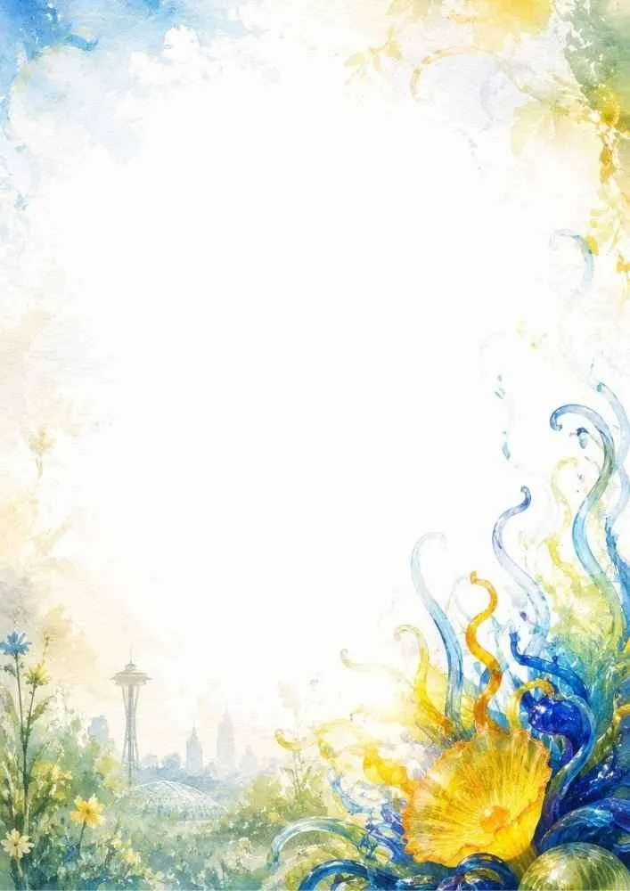 A colorful writing page showing bright yellow and blue blown glass sculptures in Chihuly Garden, with the glasshouse and Space Needle in the background.
