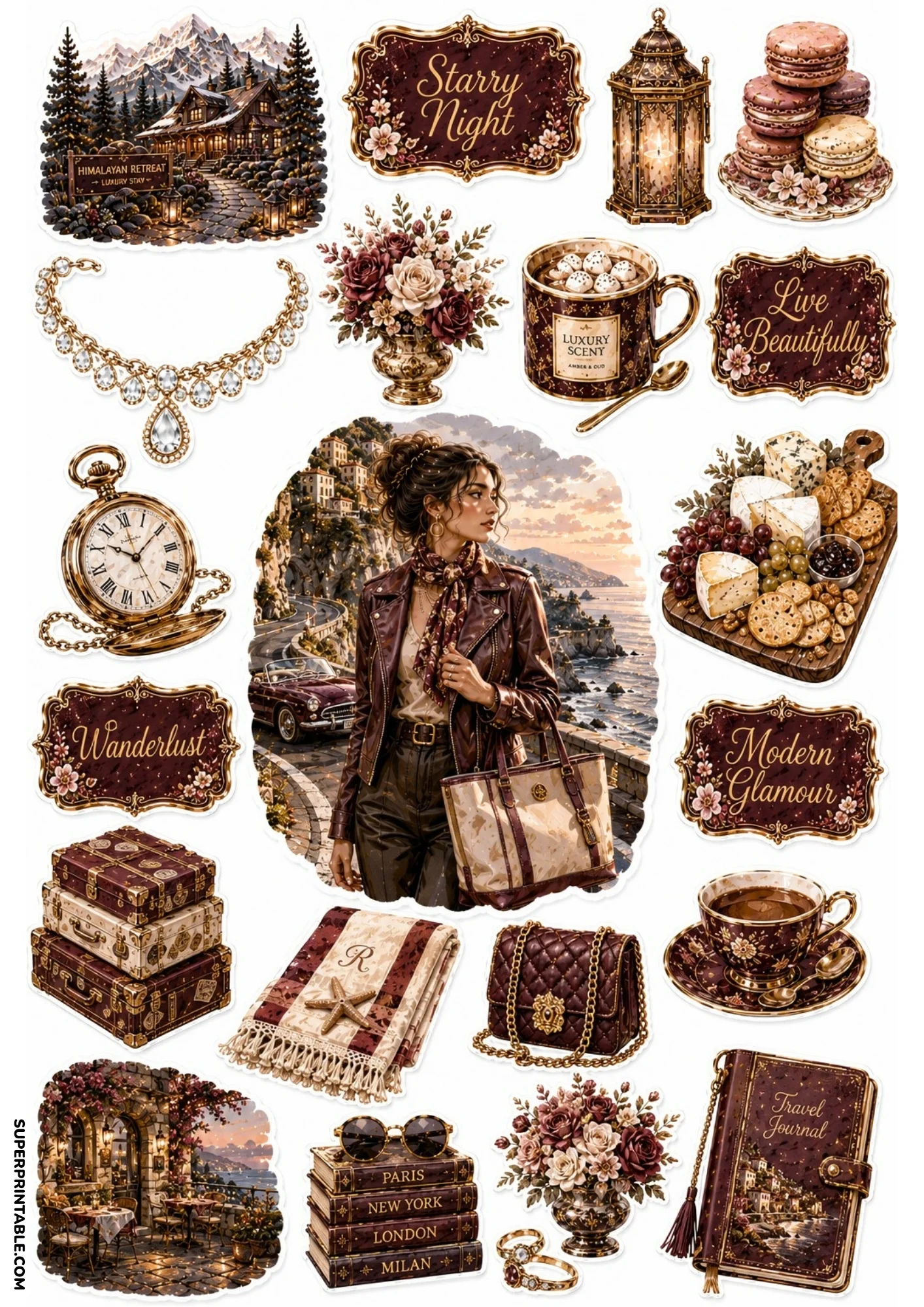 Sticker sheet in chocolate brown and maroon tones depicting a woman on a coastal road, vintage pocket watch, cheese board, travel journal, and stacked suitcases.