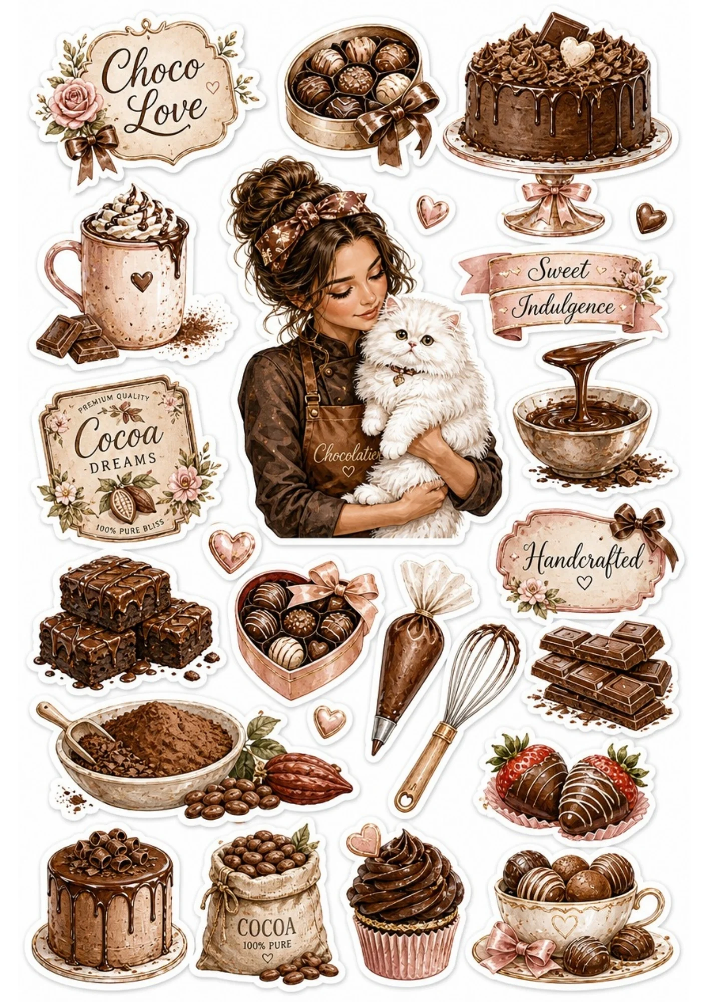 A girl making rich chocolate truffles and cakes with a white cat. Surrounding stickers include chocolate bars, hot chocolate, and text saying 'Choco Love' and 'Sweet Indulgence'.