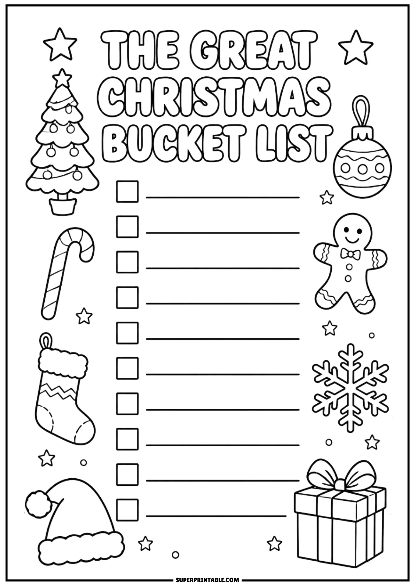Printable Christmas bucket list page featuring checklist lines, a decorated Christmas tree, a gingerbread man, candy cane, stocking, snowflake, Santa hat, and gift box.
