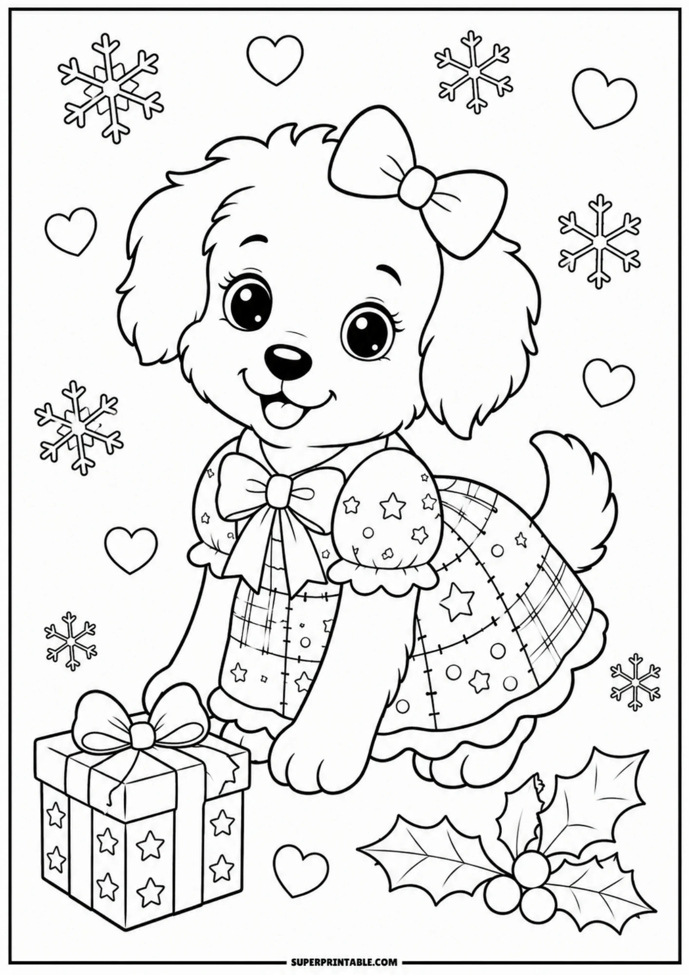 A coloring page showing a cute puppy in a star-patterned dress next to a wrapped gift box with a bow, surrounded by snowflakes, hearts, and holly.