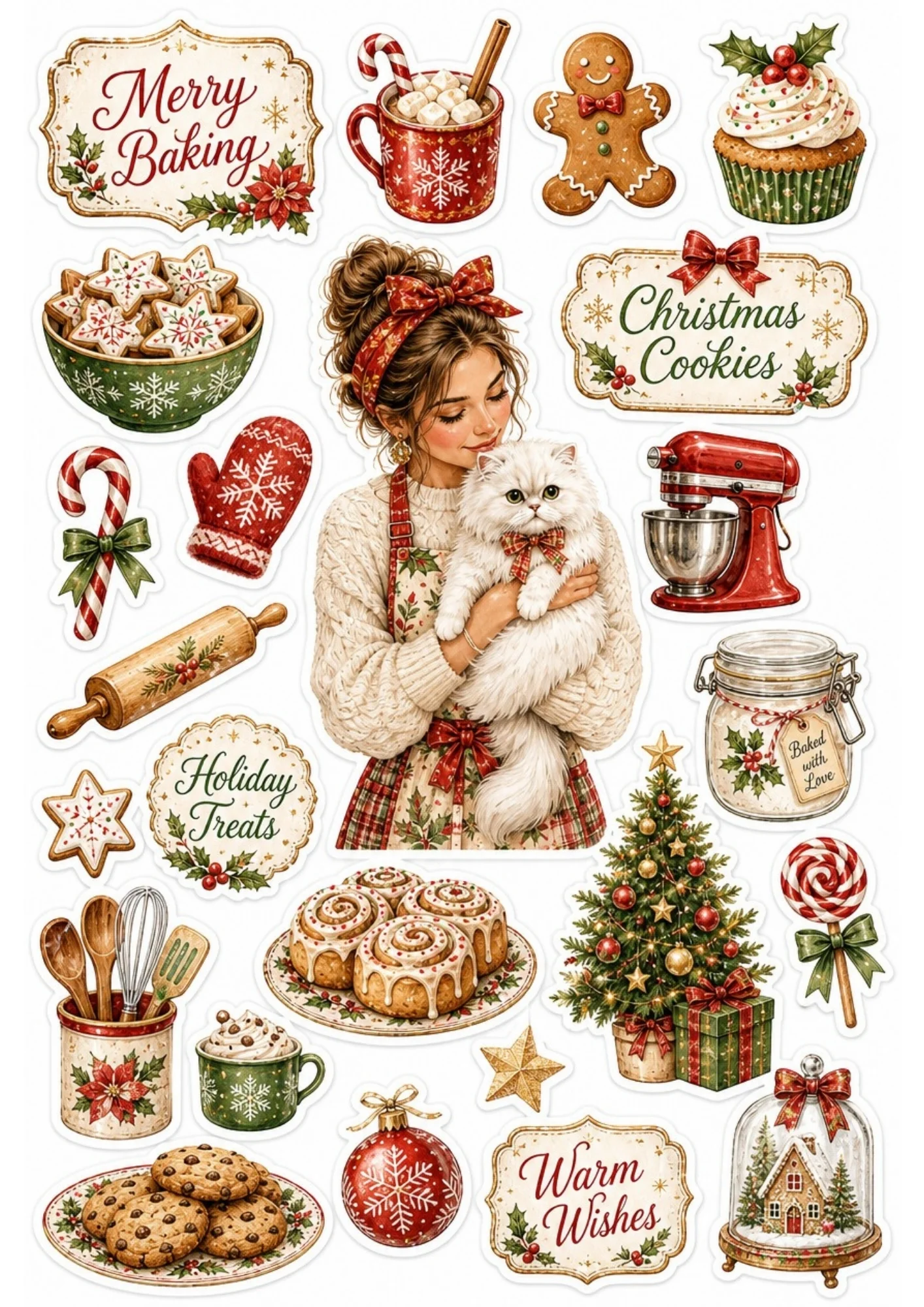 A girl baking gingerbread cookies near a Christmas tree with a white cat. Surrounding stickers include gingerbread men, rolling pins, and text saying 'Merry Baking' and 'Holiday Treats'.