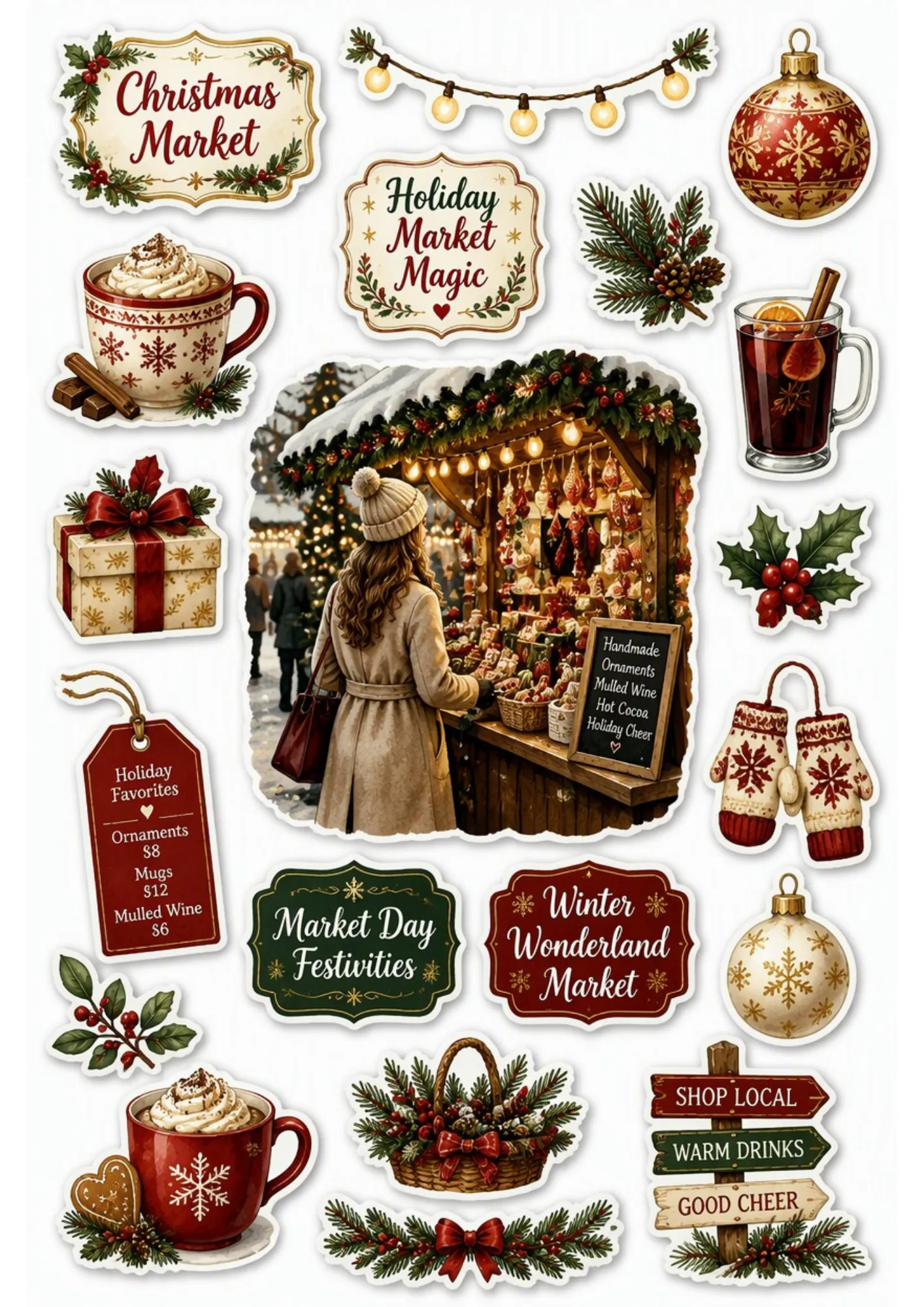Christmas holiday market sticker set displaying festive wooden stalls, hot cocoa mugs, mulled wine, gift boxes, and holiday ornaments.