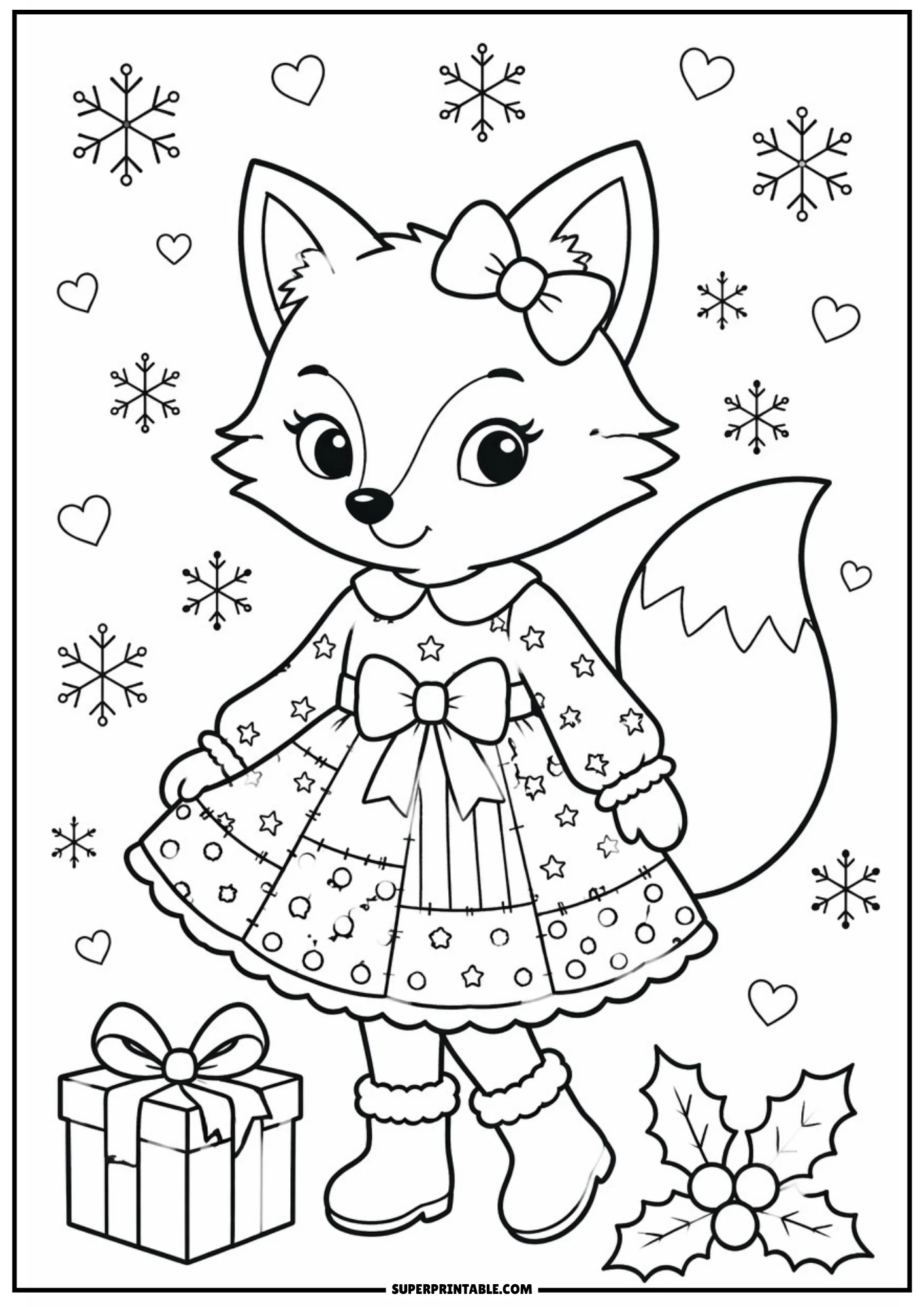 A vintage style coloring page of a cute fox in a Christmas-themed patchwork dress with stars and ornaments, wearing a hair bow and fuzzy winter boots, standing near a wrapped gift box and holly leaves, with floating snowflakes and hearts.