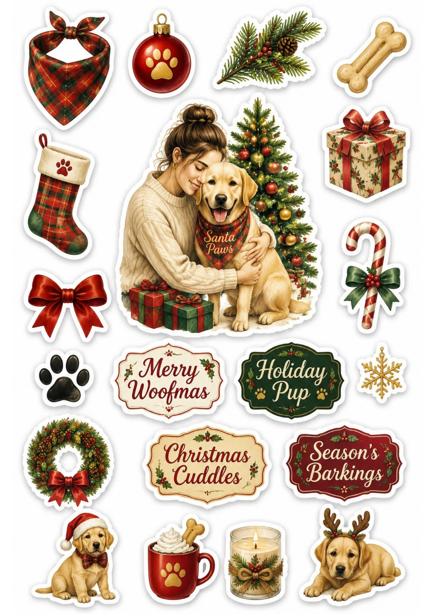 A holiday Christmas sticker sheet showing a woman cuddling a golden Labrador by a Christmas tree surrounded by festive badges, stockings, and wreaths.