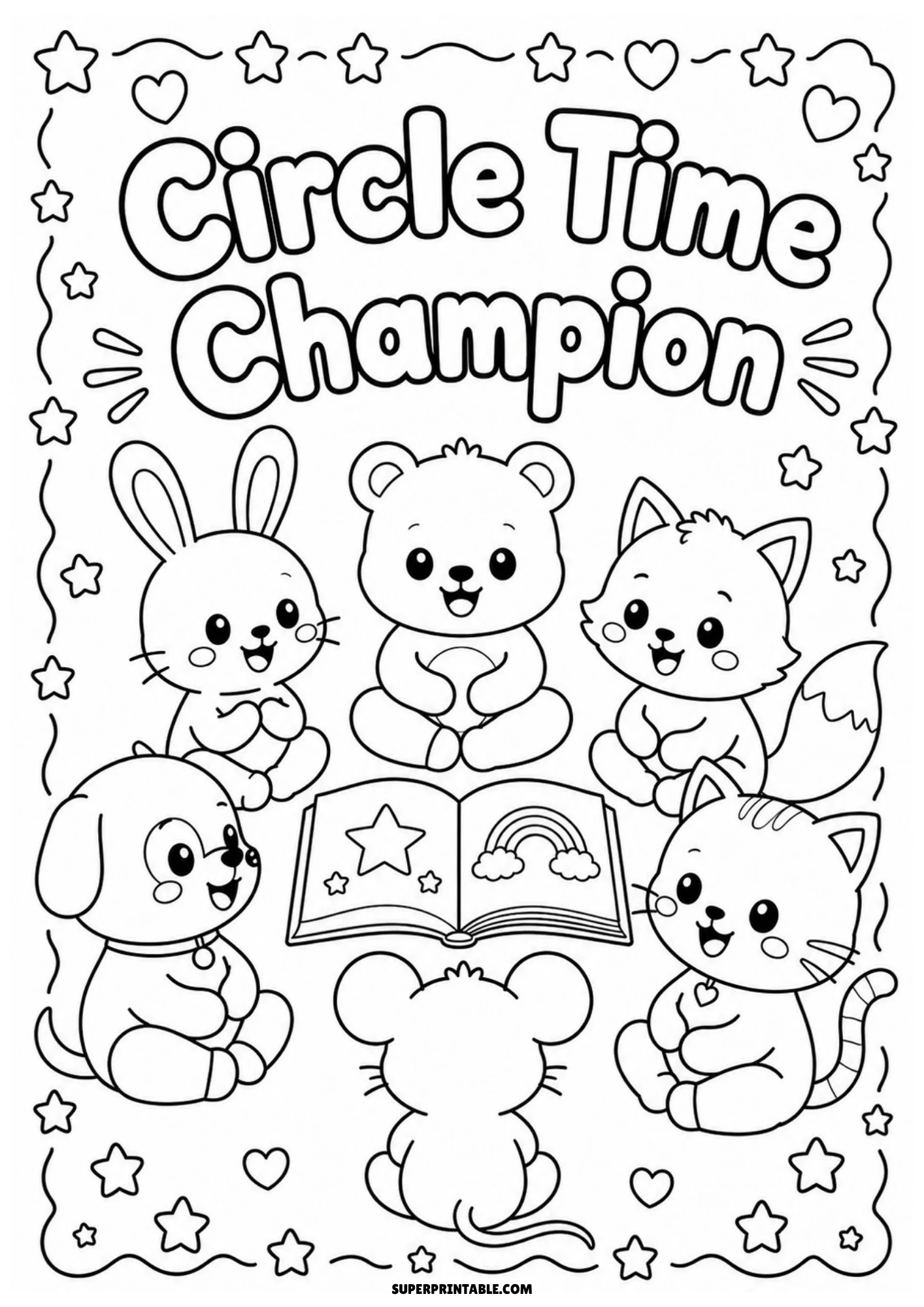 Black and white coloring page of six cute cartoon baby animals sitting in a circle around an open picture book with text reading Circle Time Champion.