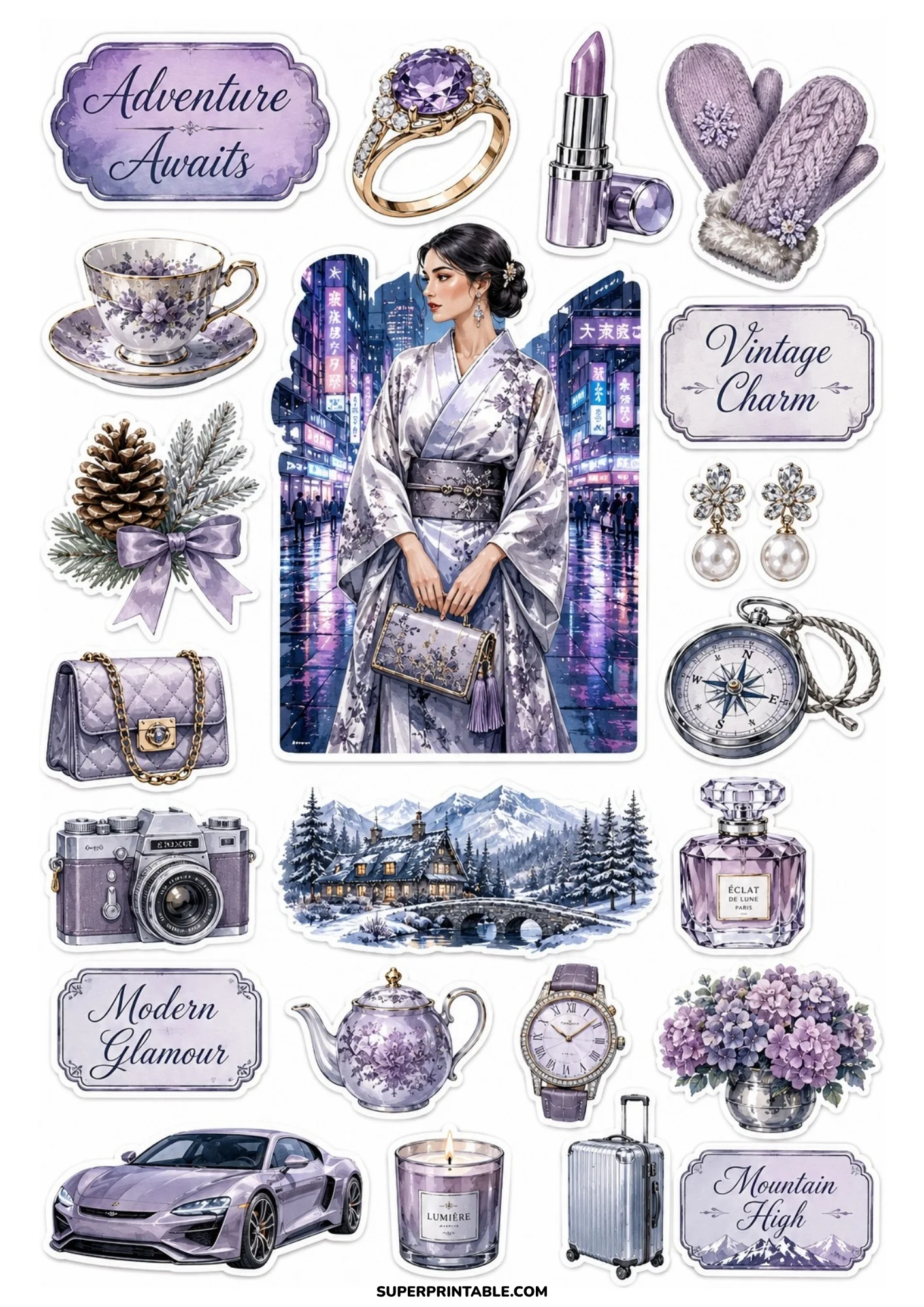 A printable sticker sheet depicting a woman in a lilac kimono on a neon city street, alongside a purple car, camera, teacup, and silver suitcase.