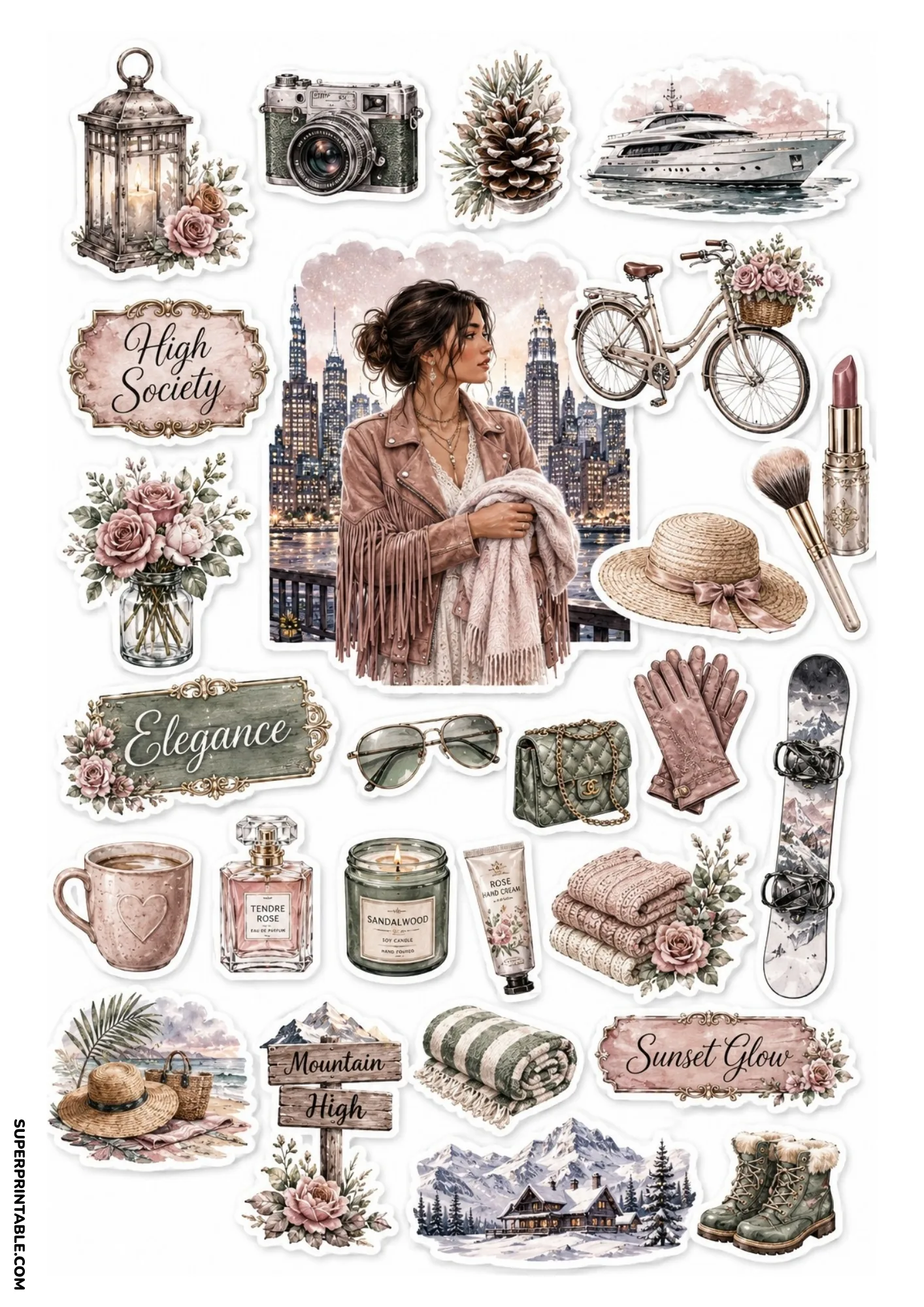Printable sticker sheet centered on a woman before a city skyline at dusk, surrounded by dusty pink and sage stickers including a white superyacht, rose hand cream, bicycle, and coastal scenery.