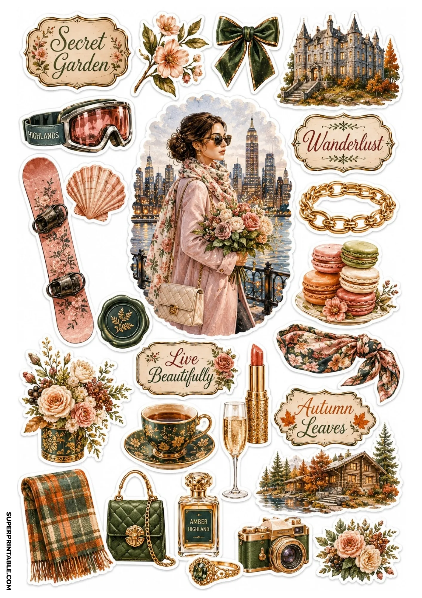 Soft pink sticker sheet featuring a woman with roses in front of a city skyline, pink snowboard, macarons, and log cabin.