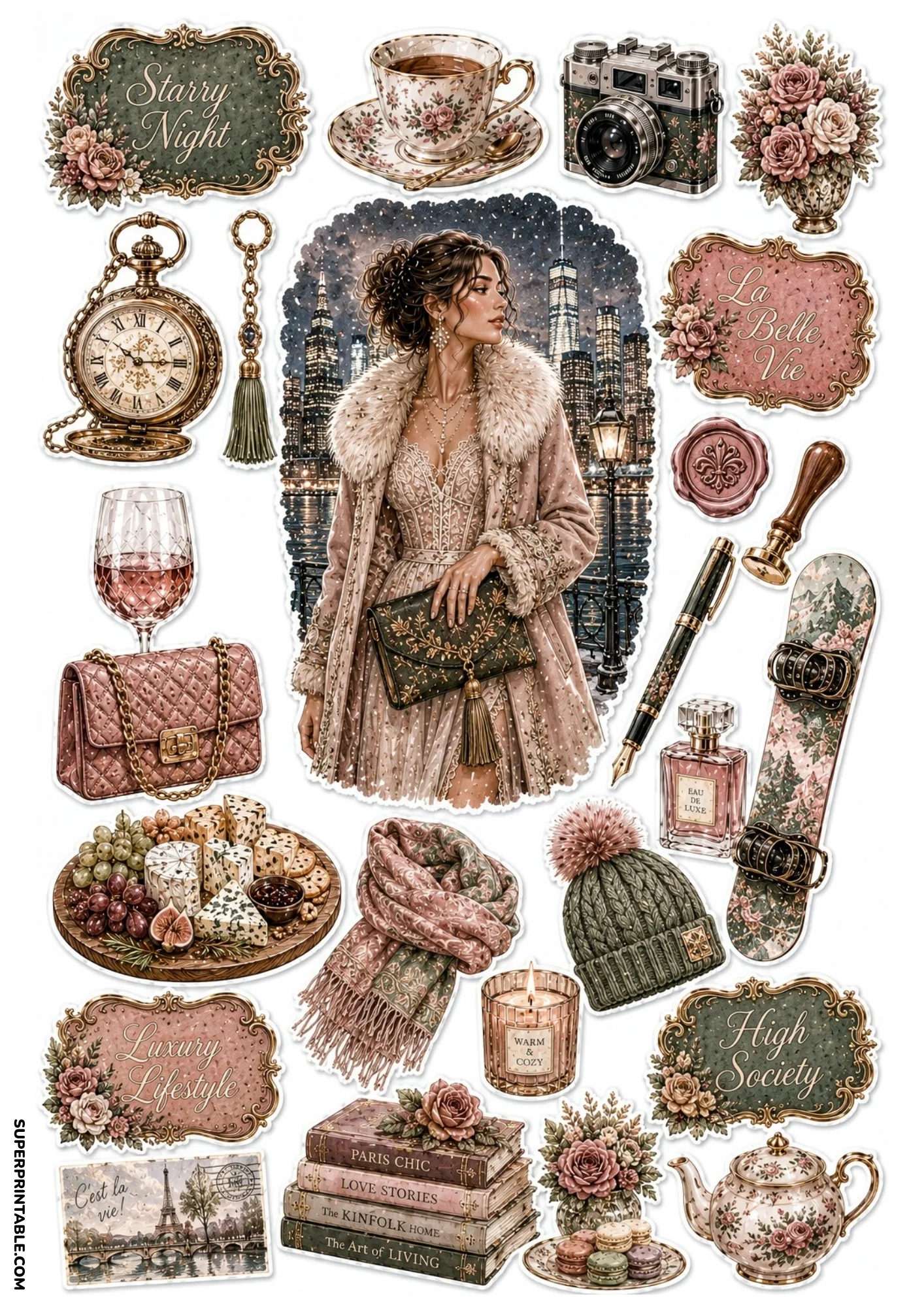 Dusty rose sticker sheet portraying a woman against an illuminated city skyline, teacups, books, quilted purse, and elegant text labels.