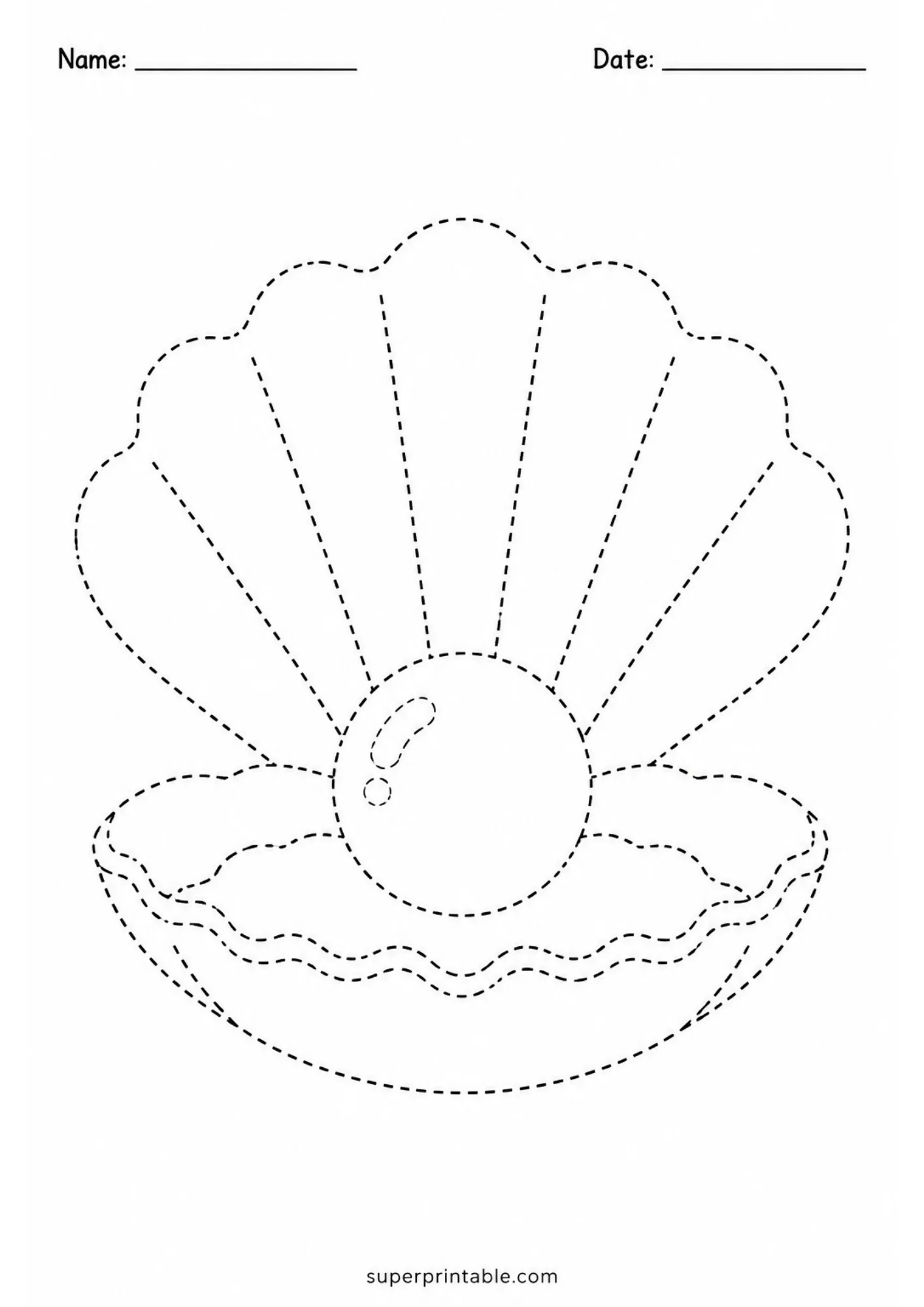 Open clam shell with pearl line tracing worksheet with dashed lines on a white background.