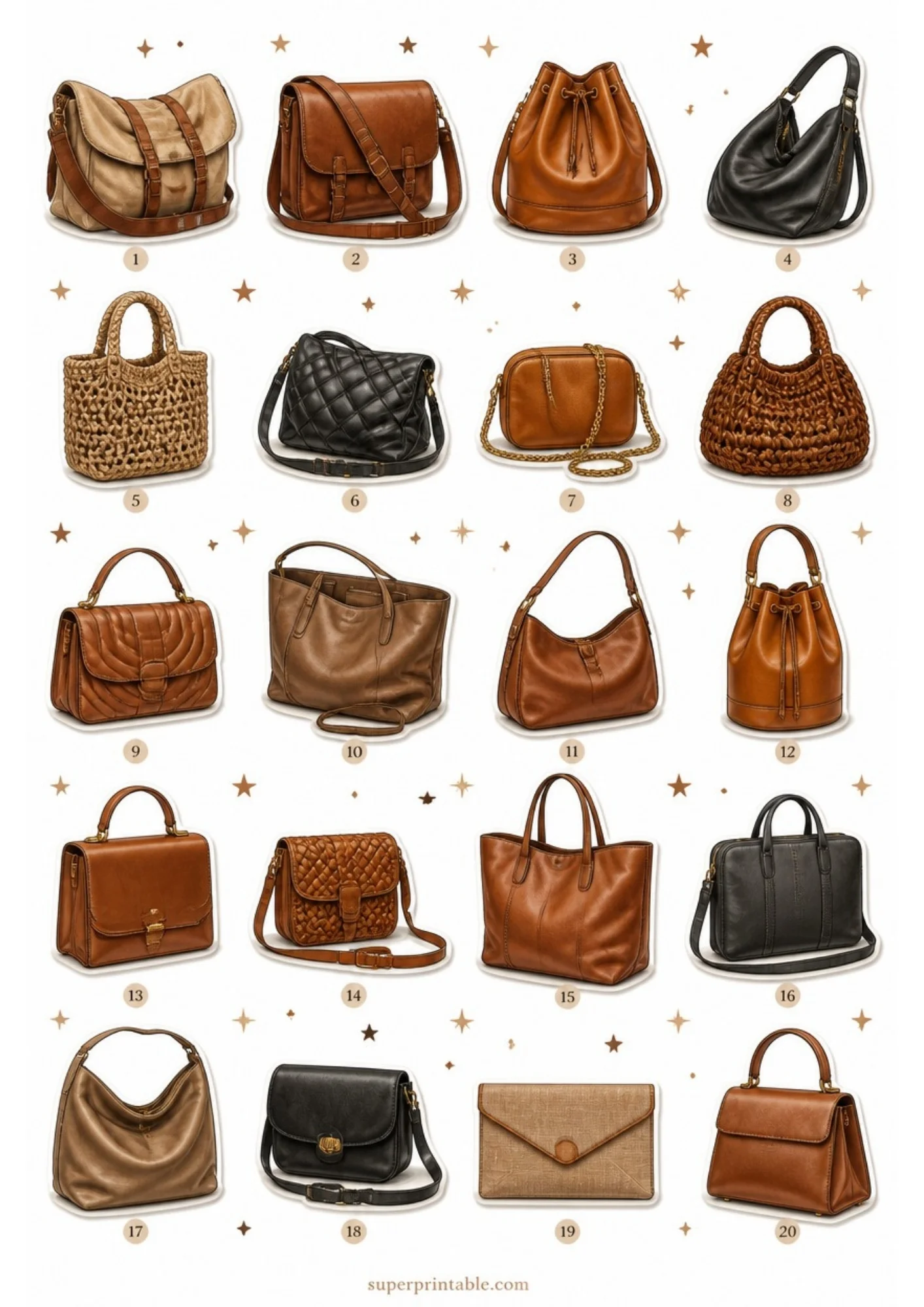 A printable sheet of 20 designer handbag stickers in dark brown, black, and woven styles, with small numbers printed below each bag.