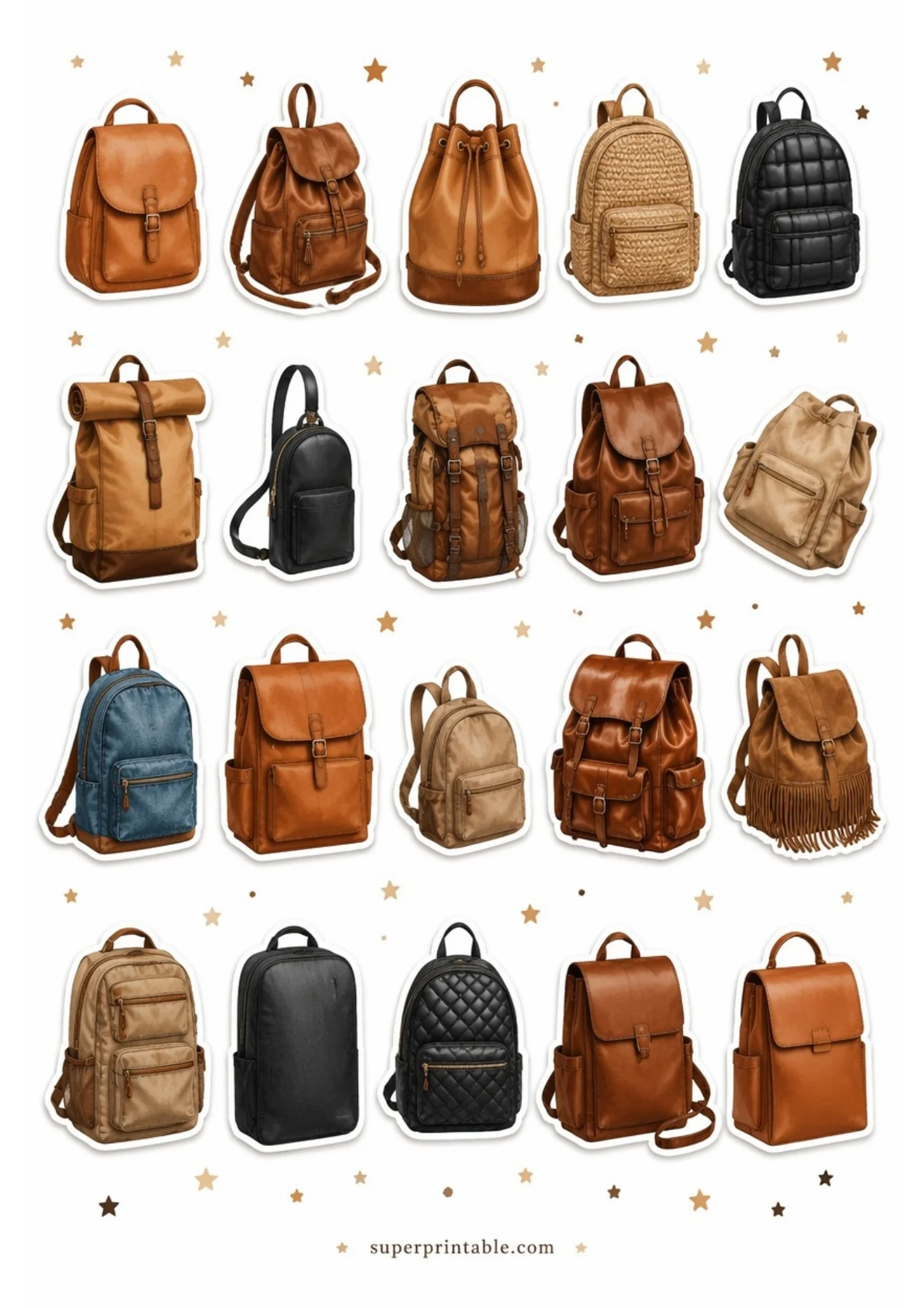 A sheet of printable stickers showing twenty individual backpack designs in various shades of brown leather, tan canvas, and black quilted texture, surrounded by stars.