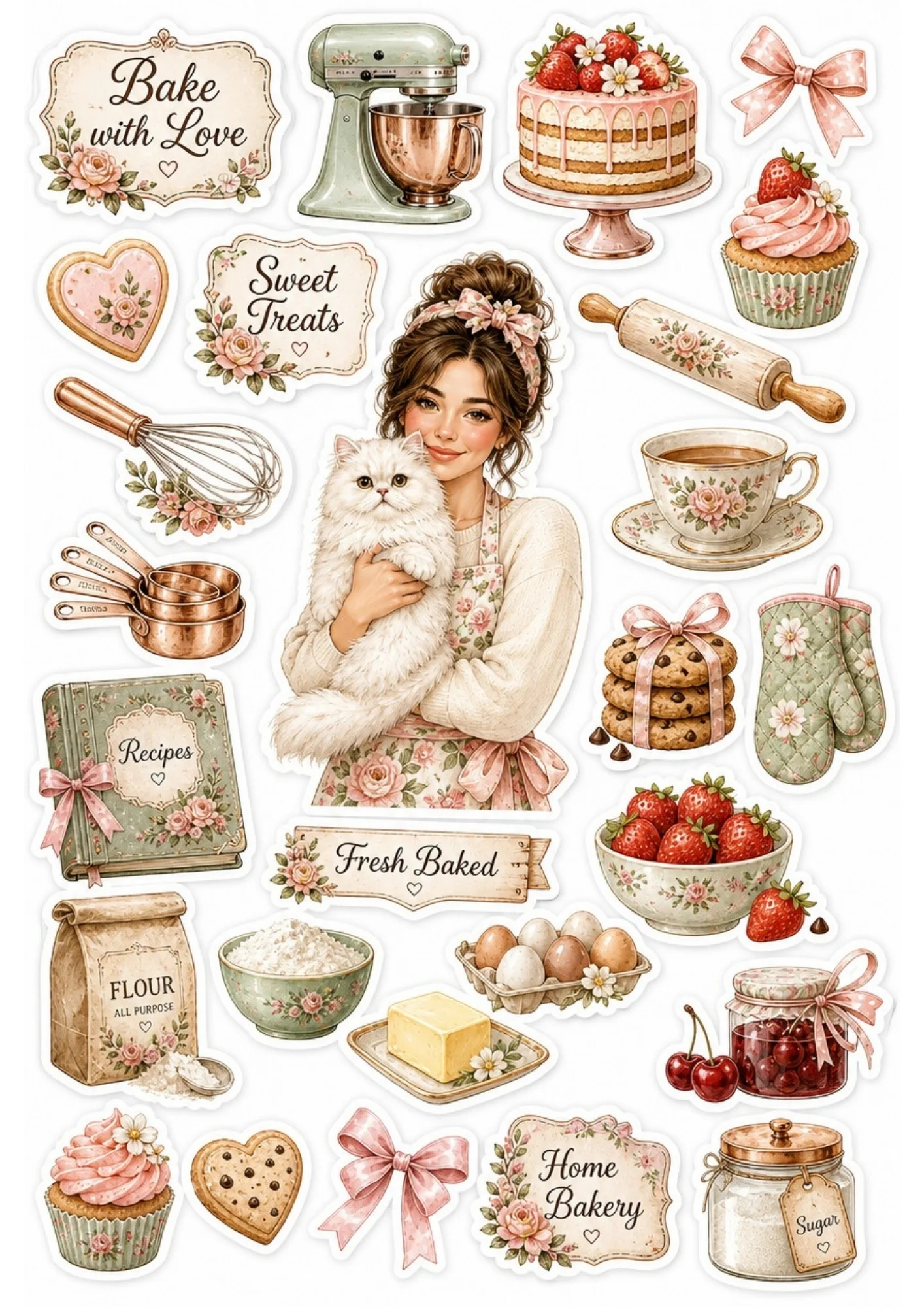 A girl using a stand mixer to bake a strawberry cake with her white cat. Surrounding stickers include bags of flour, sugar, finished cakes, and text saying 'Bake with Love' and 'Fresh Baked'.