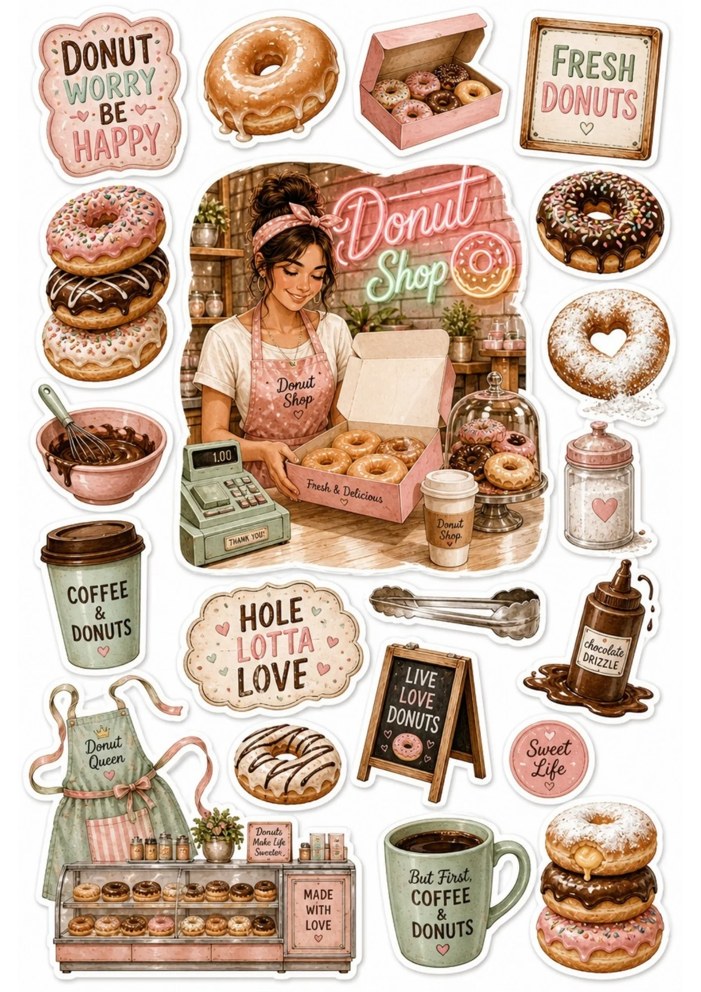 A girl in a donut shop holding a box of donuts. Surrounding stickers include a vintage cash register, various glazed and sprinkled donuts, chocolate drizzle, and text saying 'Hole Lotta Love' and 'Fresh Donuts'.