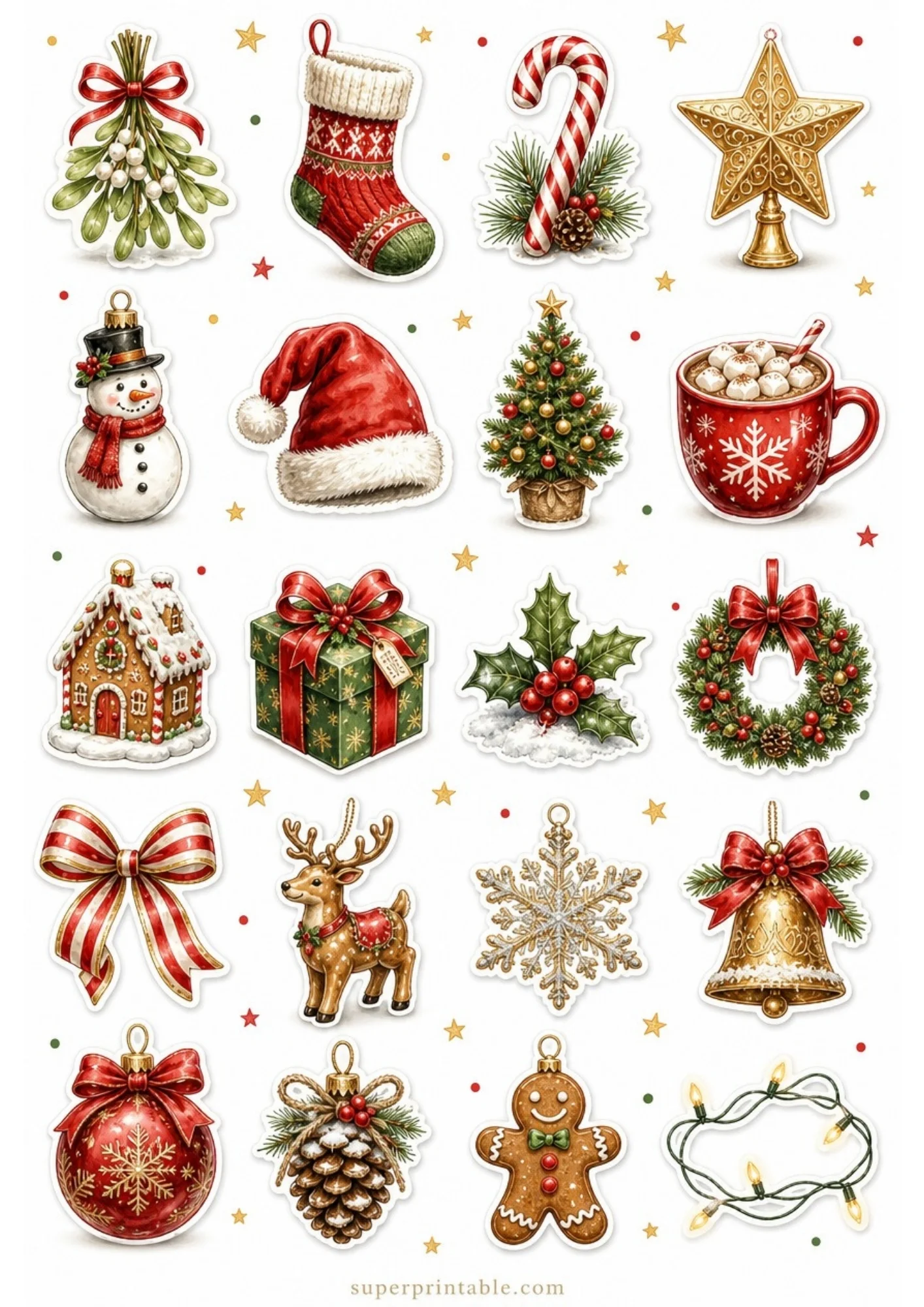 A printable page of twenty traditional red and green Christmas watercolor stickers featuring Santa hats, wreaths, gingerbread men, and festive presents.