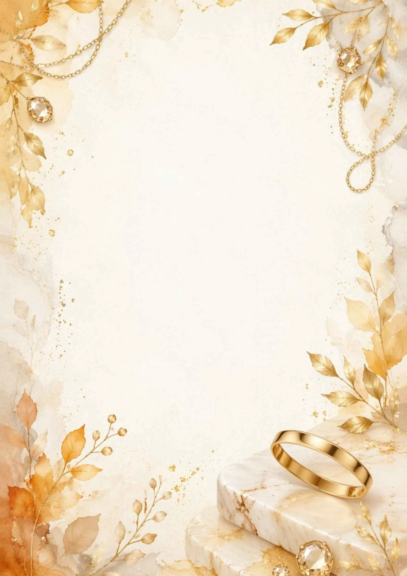 A watercolor writing page showing a polished yellow gold wedding band on a white marble slab, with golden leaves and topaz pendants.