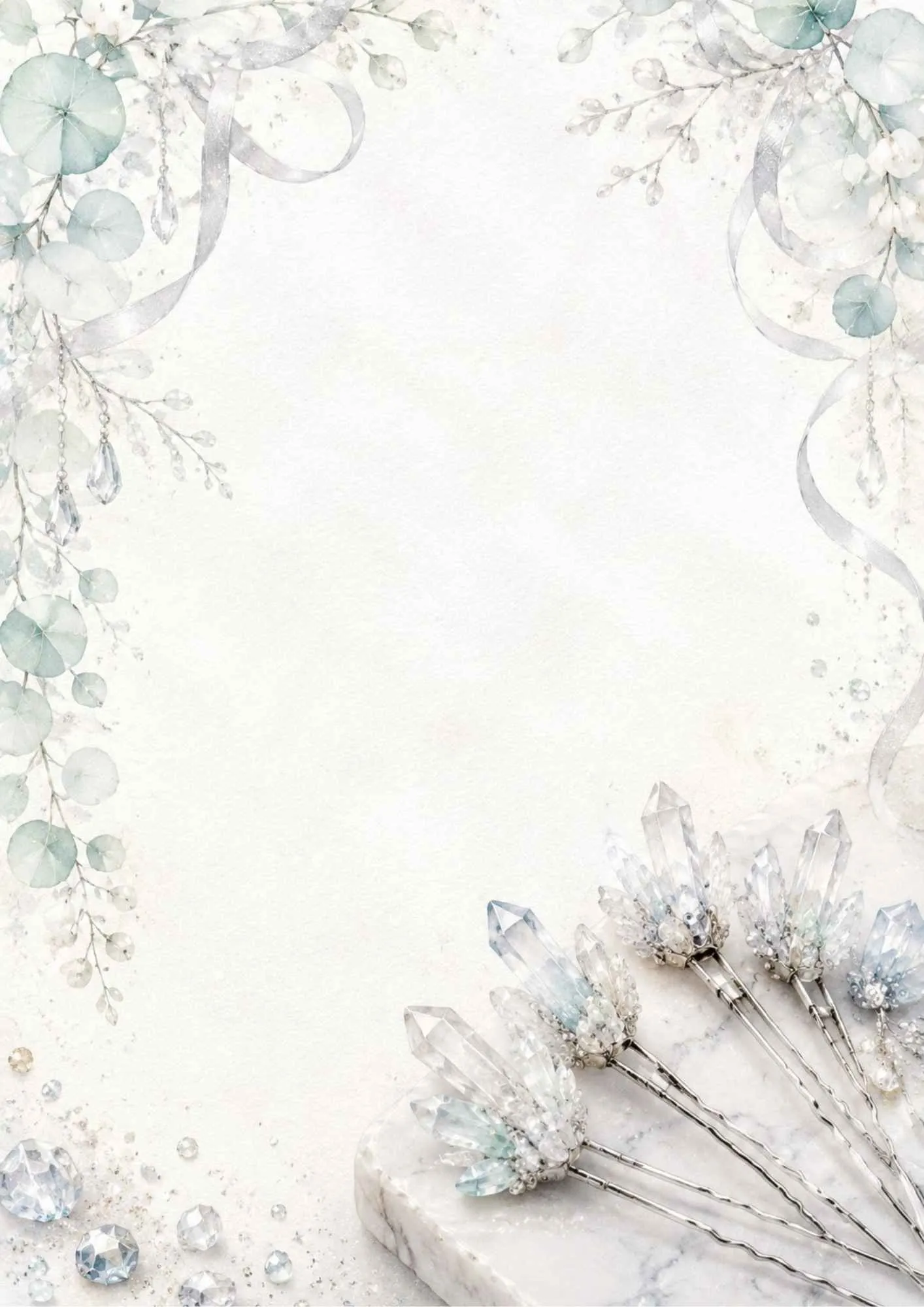 A classic cream writing page showing a gold headband wrapped in white pearls, resting on white silk.