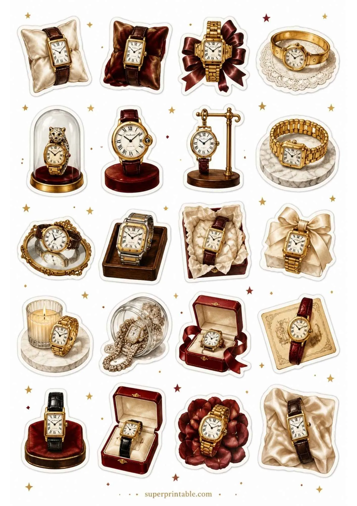 A printable sticker sheet featuring gold square and round watch designs with traditional Roman numerals and brown leather bands.