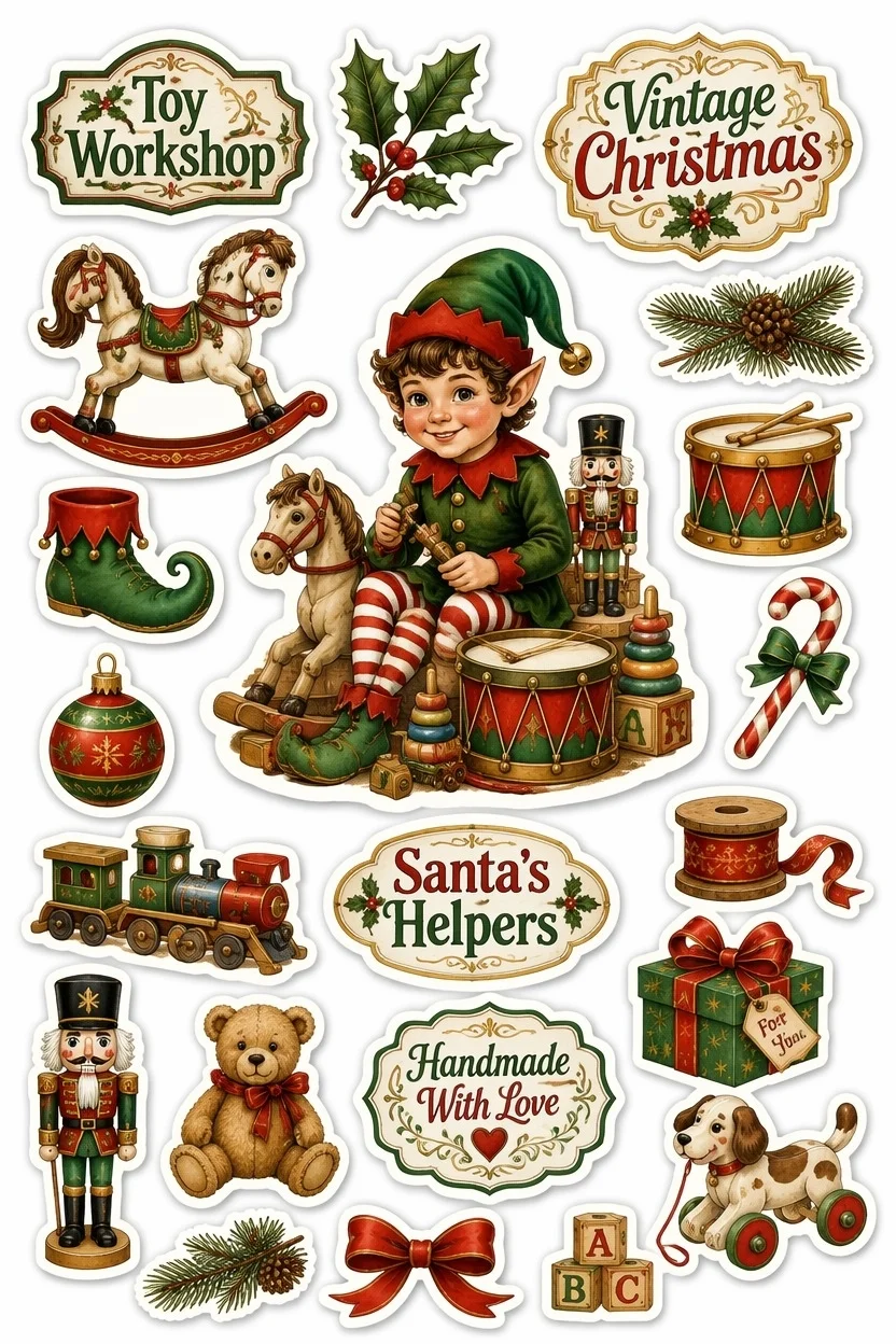 Printable sticker sheet with a central elf surrounded by classic toys including a rocking horse, toy train, drum, nutcracker soldier, teddy bear, and building blocks.